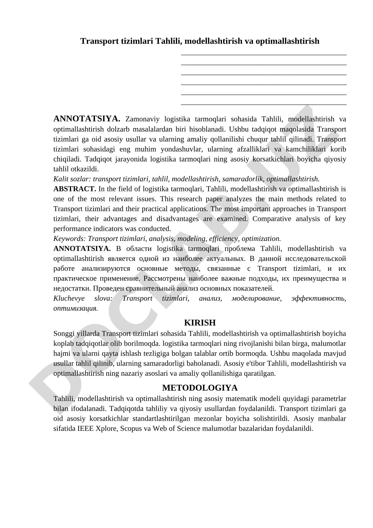 Transport tizimlari tahlili, modellashtirish va optimallashtirish