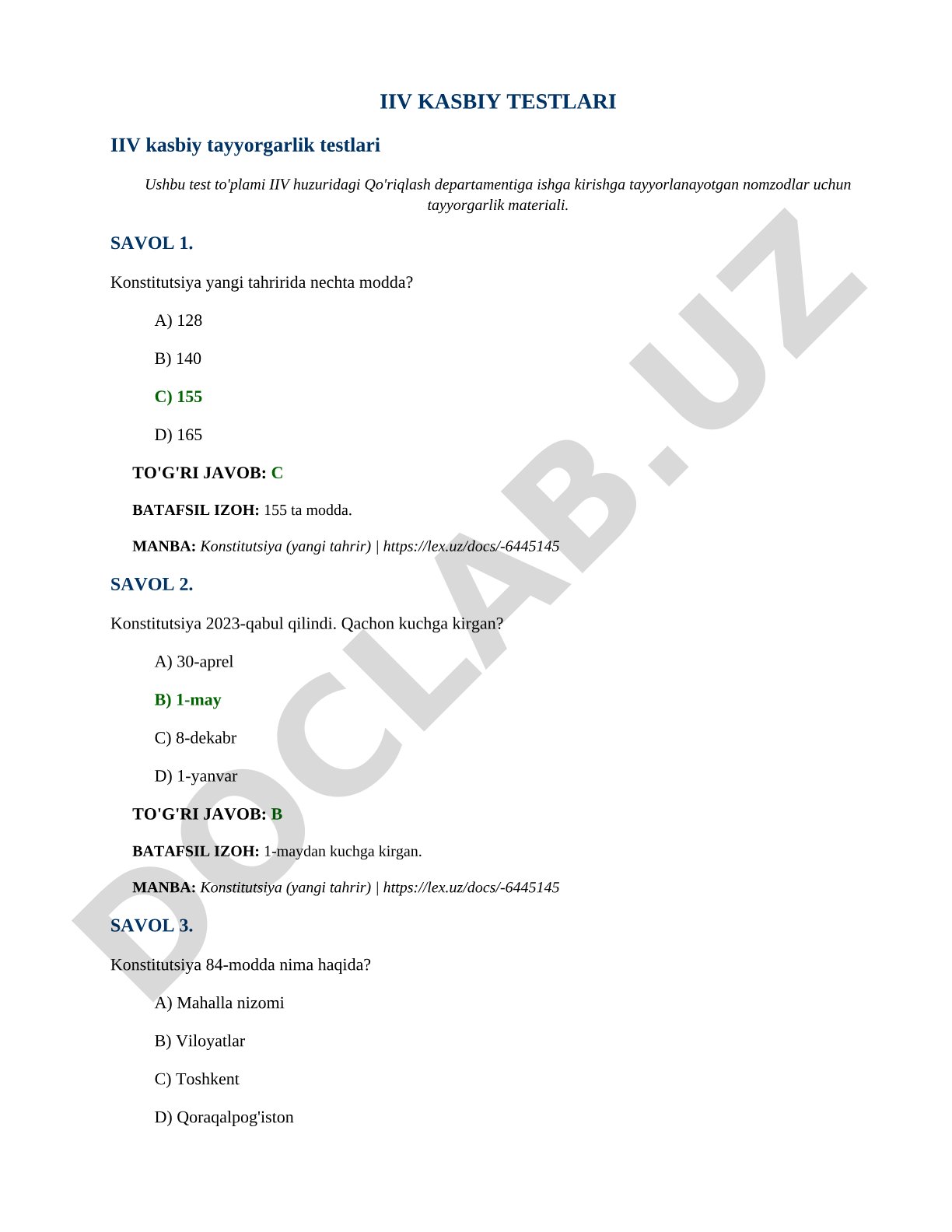 IIV kasbiy tayyorgarlik testlari