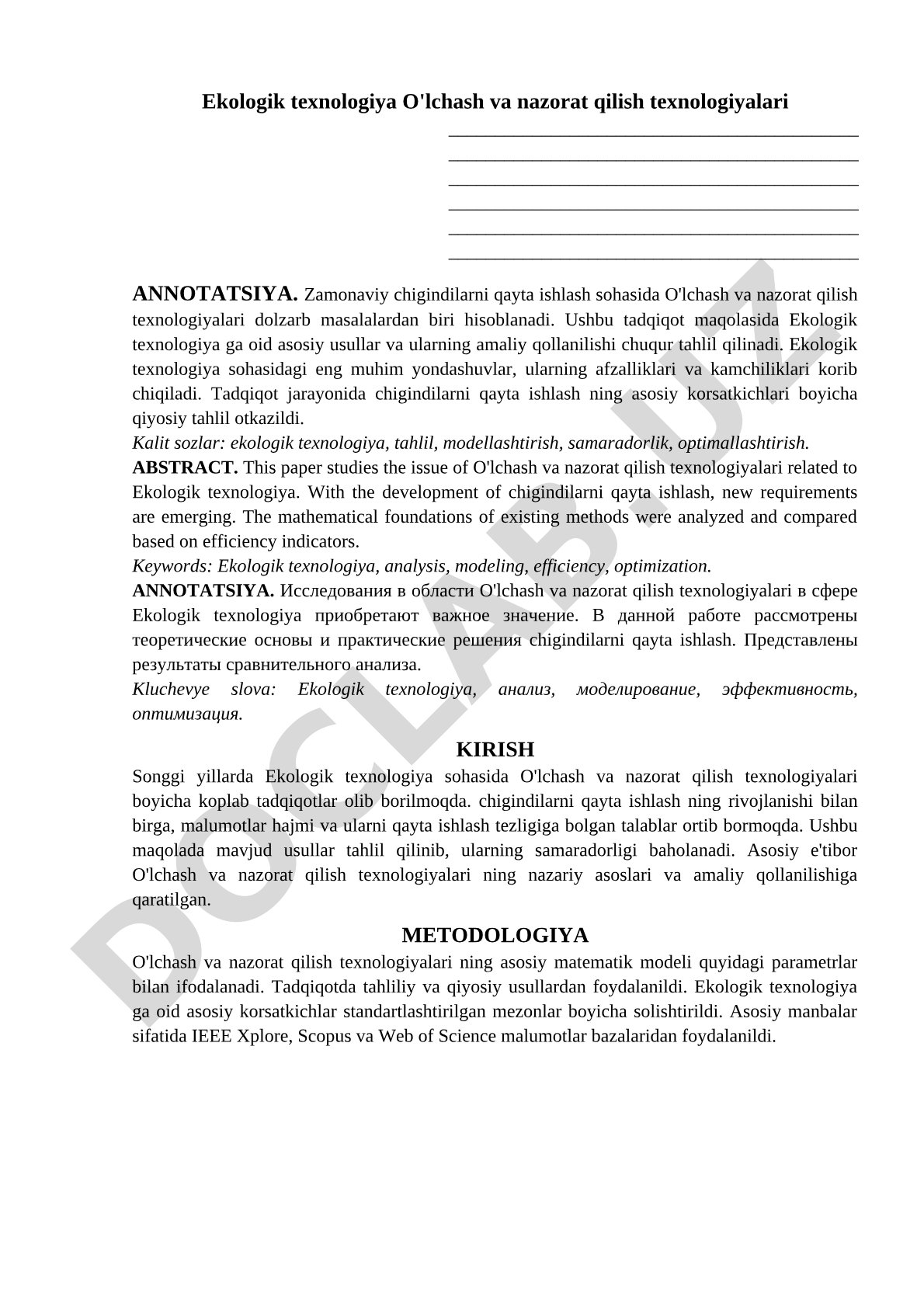 Ekologik texnologiya O'lchash va nazorat qilish texnologiyalari