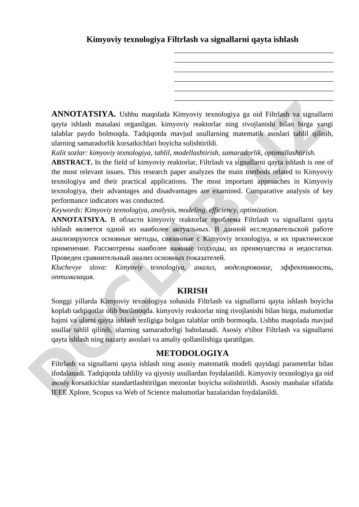 Kimyoviy texnologiya Filtrlash va signallarni qayta ishlash