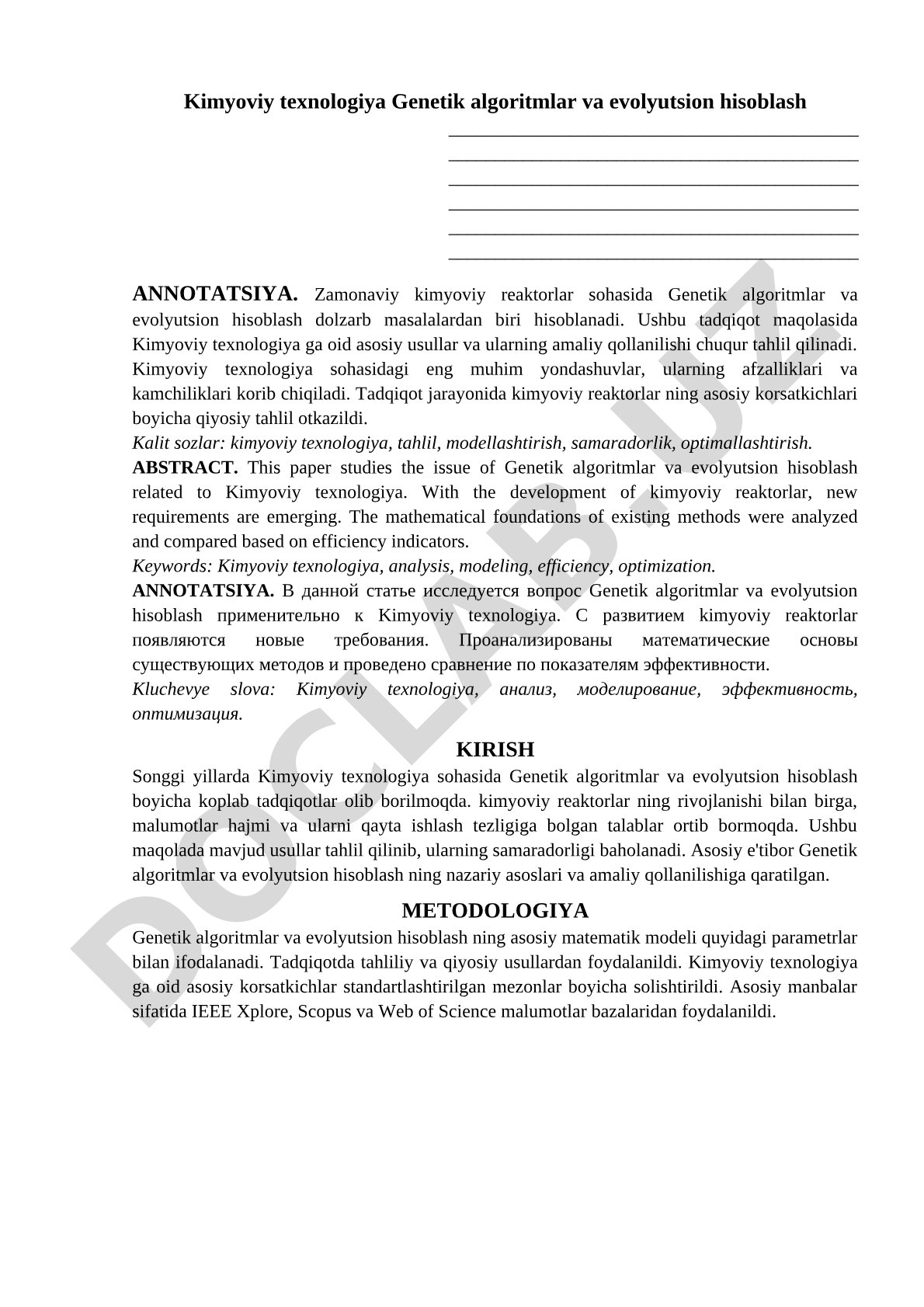 Kimyoviy texnologiyada genetik algoritmlar va evolyutsion hisoblash