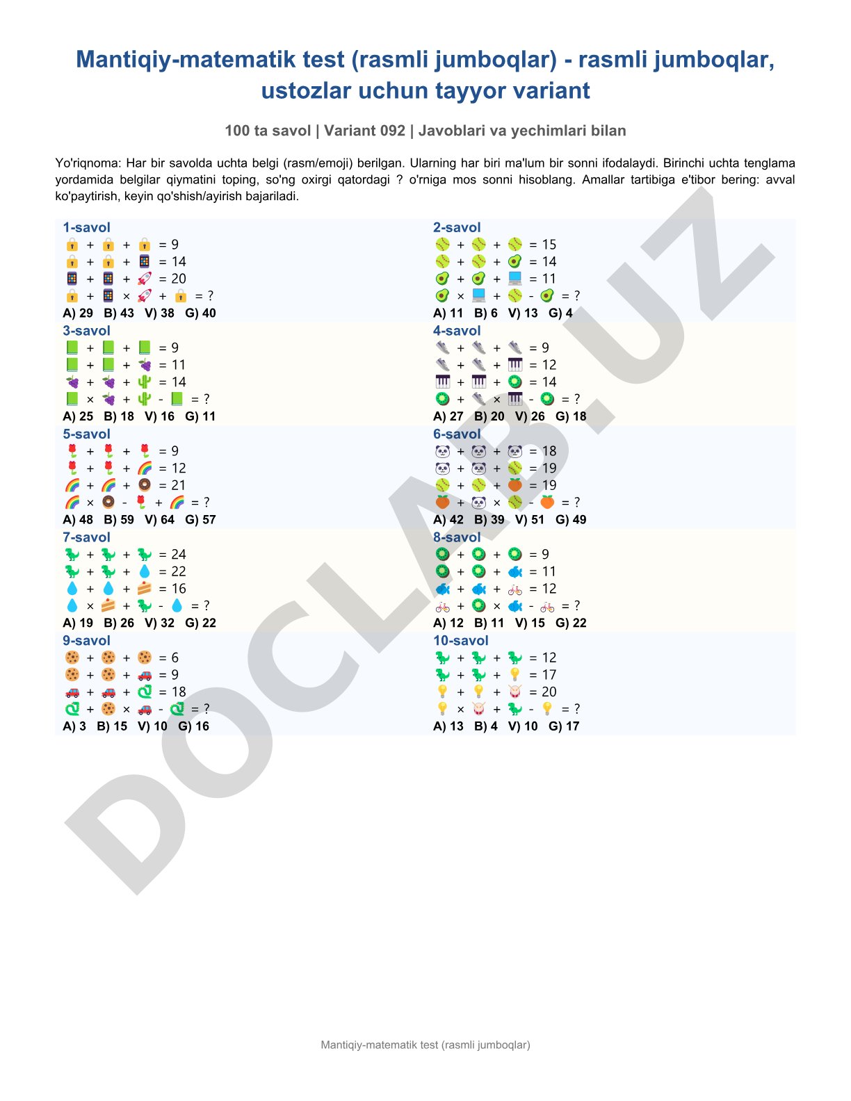 Mantiqiy-matematik test (rasmli jumboqlar)