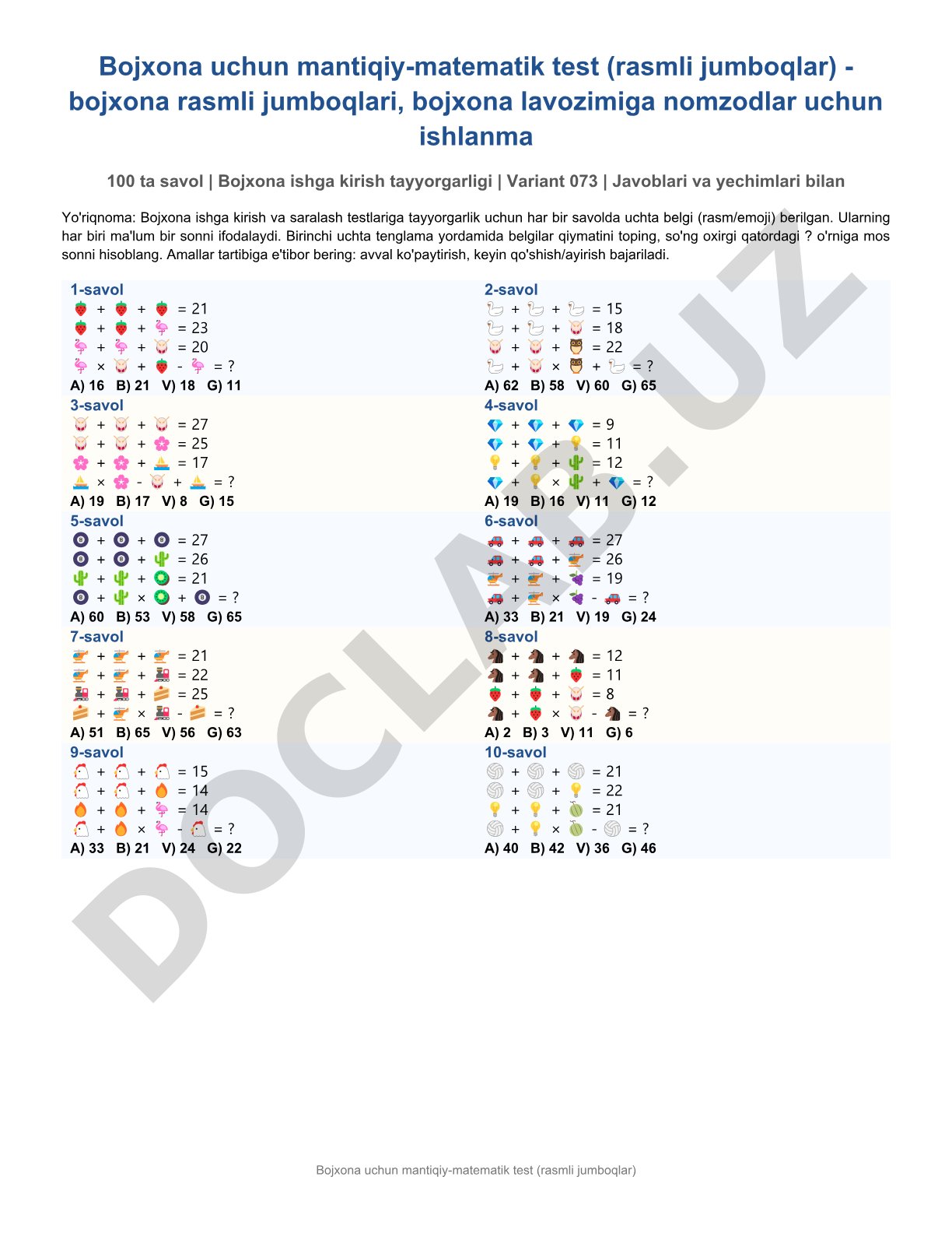 Bojxona uchun mantiqiy-matematik test (rasmli jumboqlar)