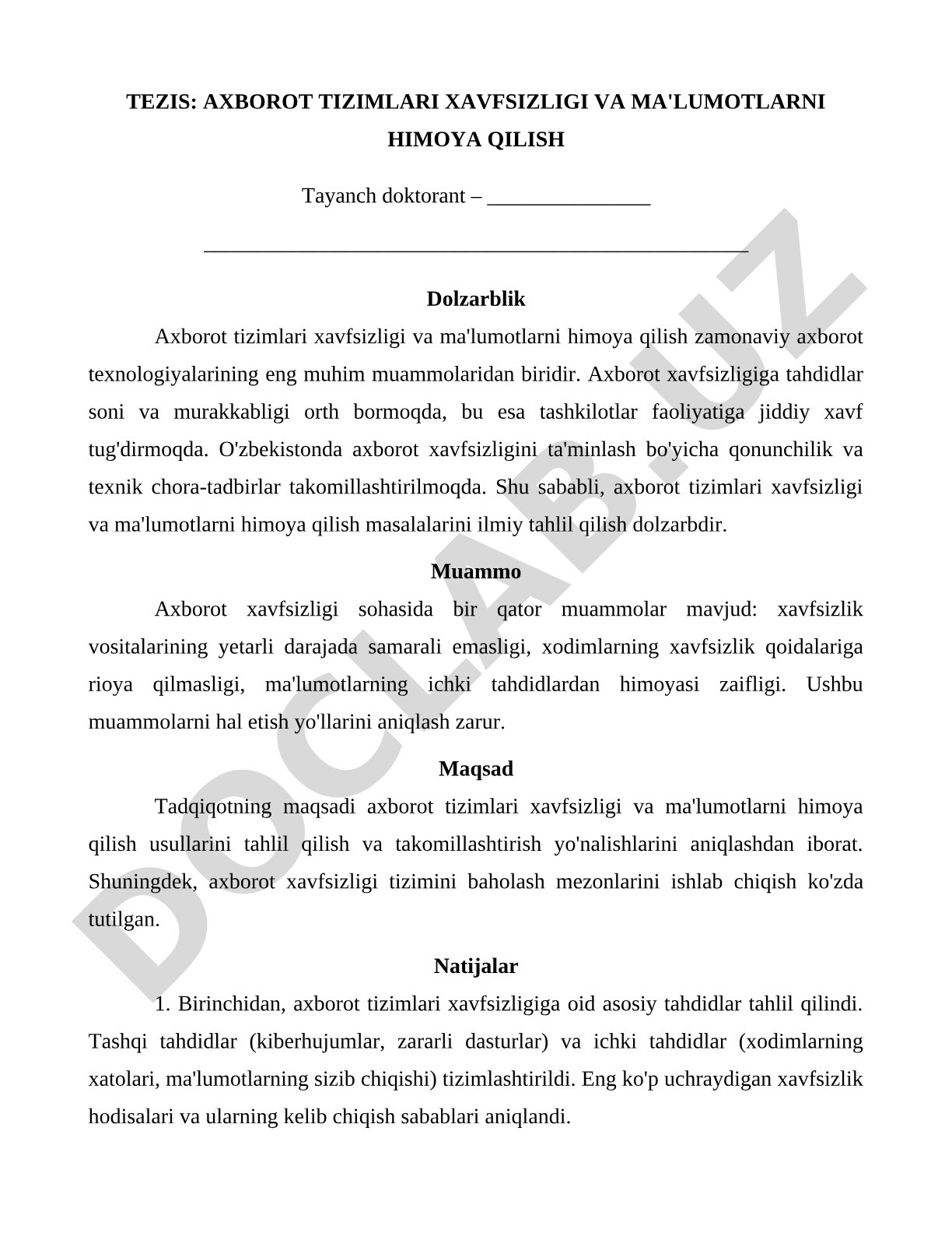 Axborot tizimlari xavfsizligi va ma'lumotlarni himoya qilish