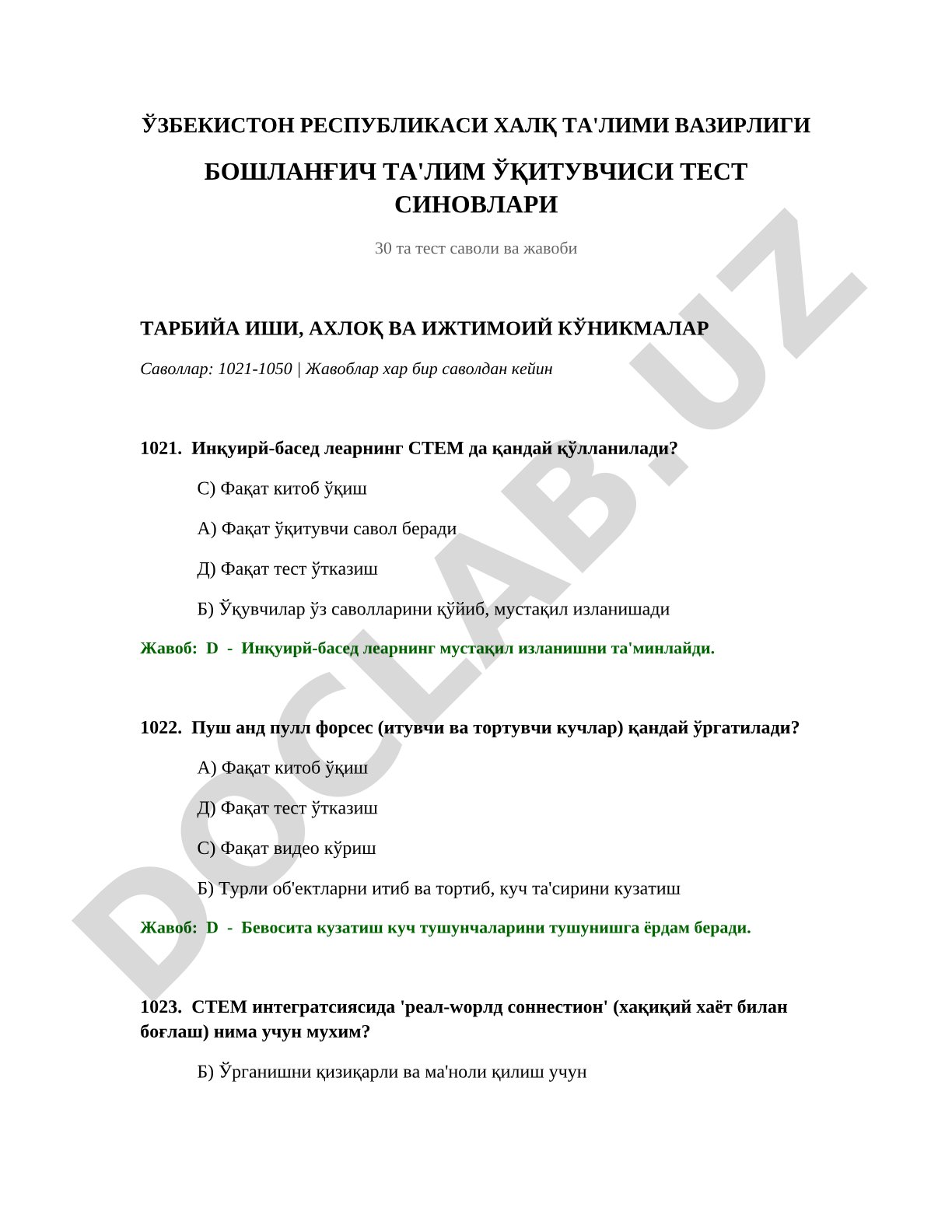 Boshlang'ich ta'lim o'qituvchisi test sinovlari (30 ta savol va javob)