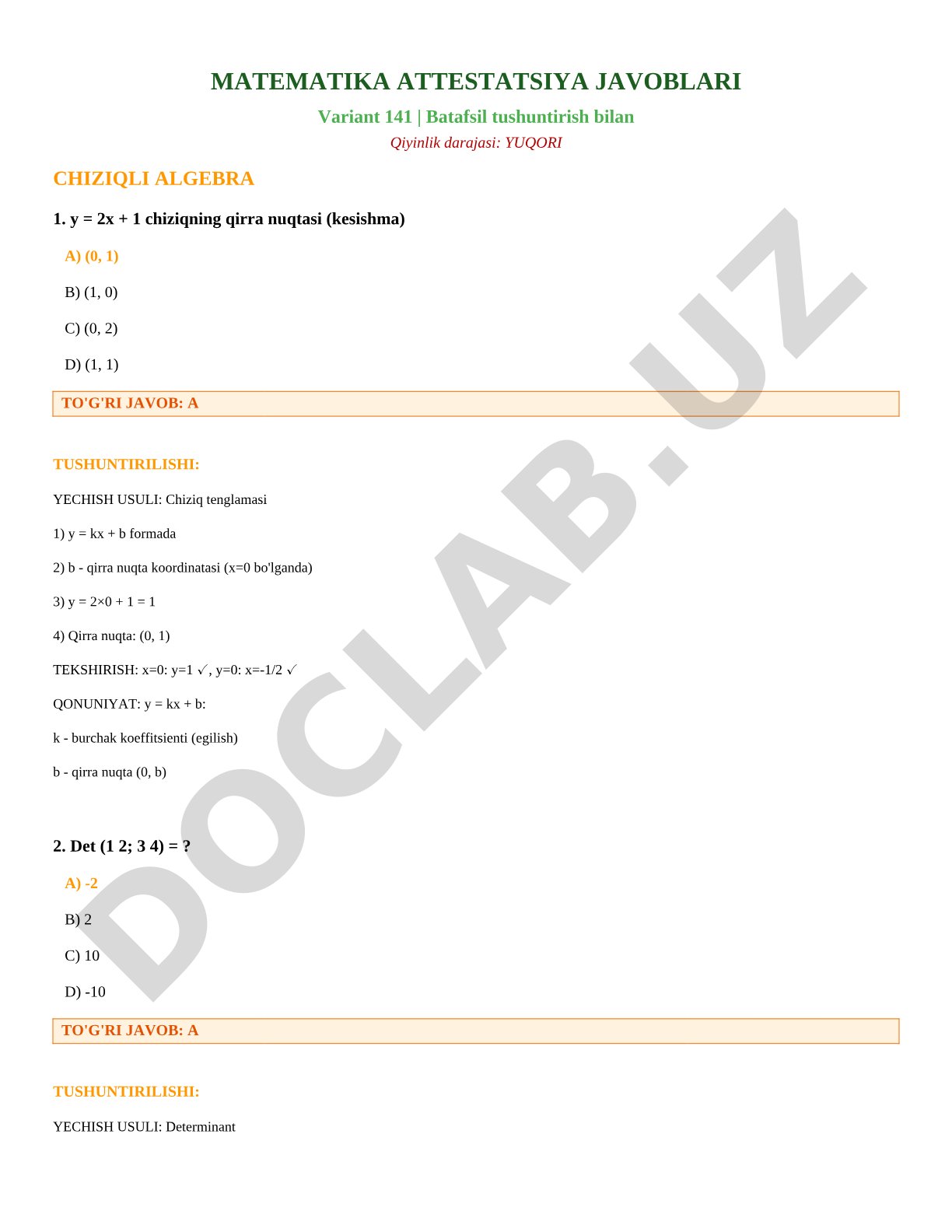 Matematika attestatsiya javoblari, Variant 141