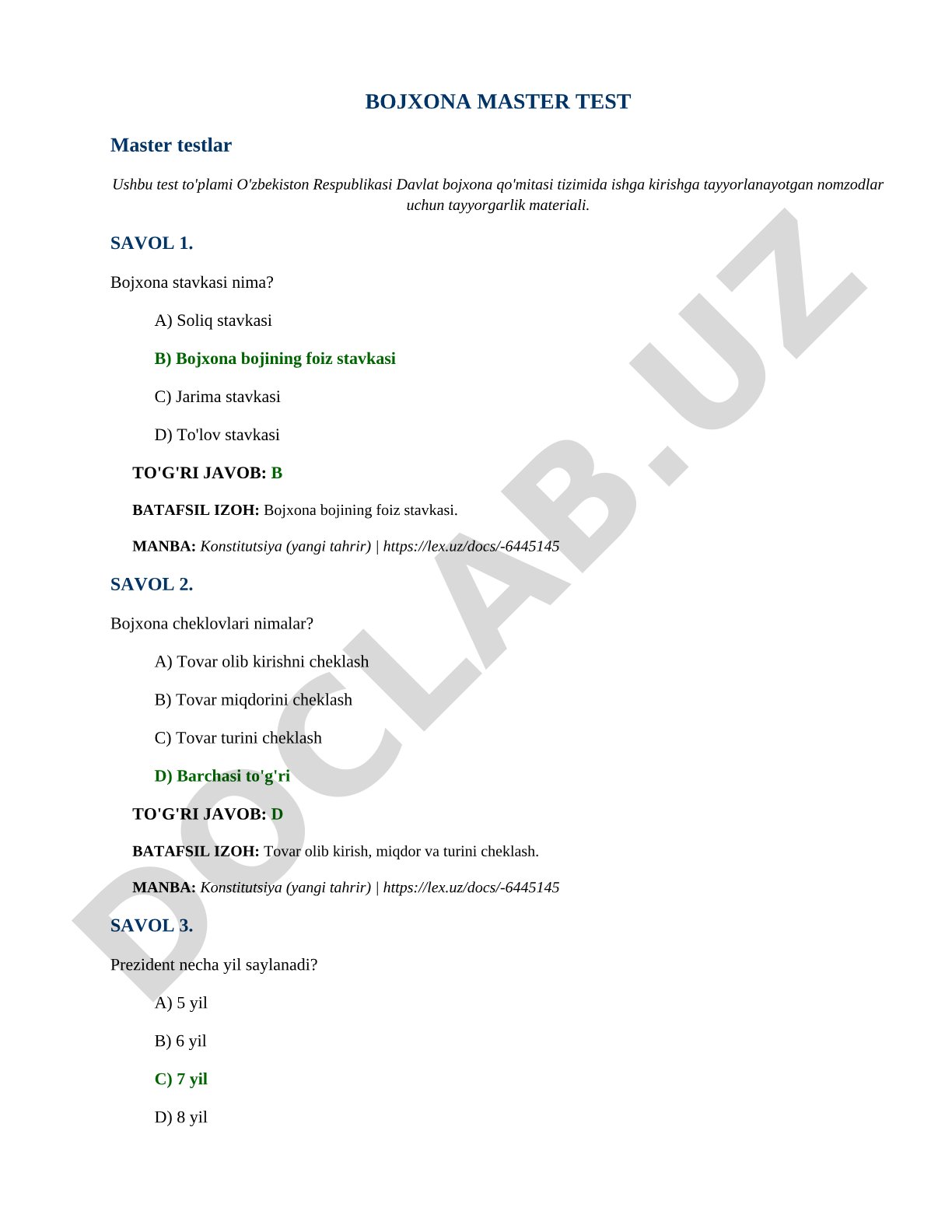Bojxona xodimlari uchun master test savollari