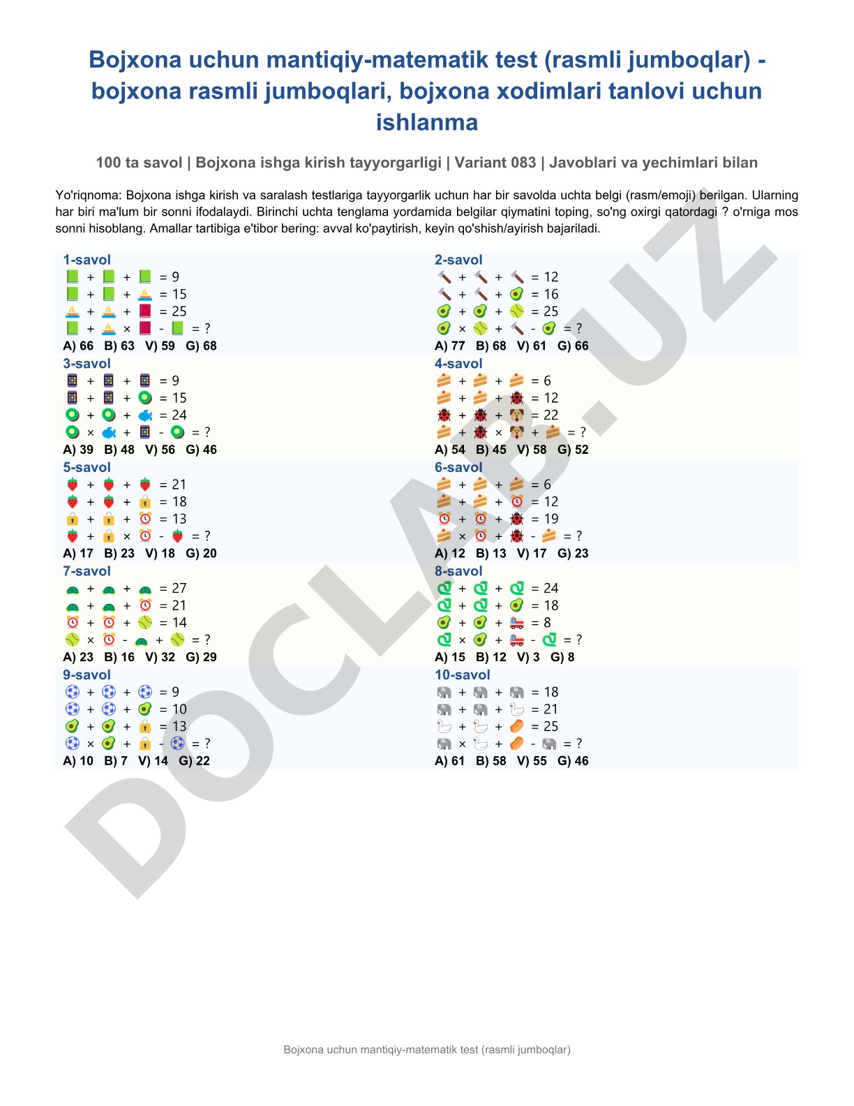 Bojxona uchun mantiqiy-matematik test (rasmli jumboqlar)
