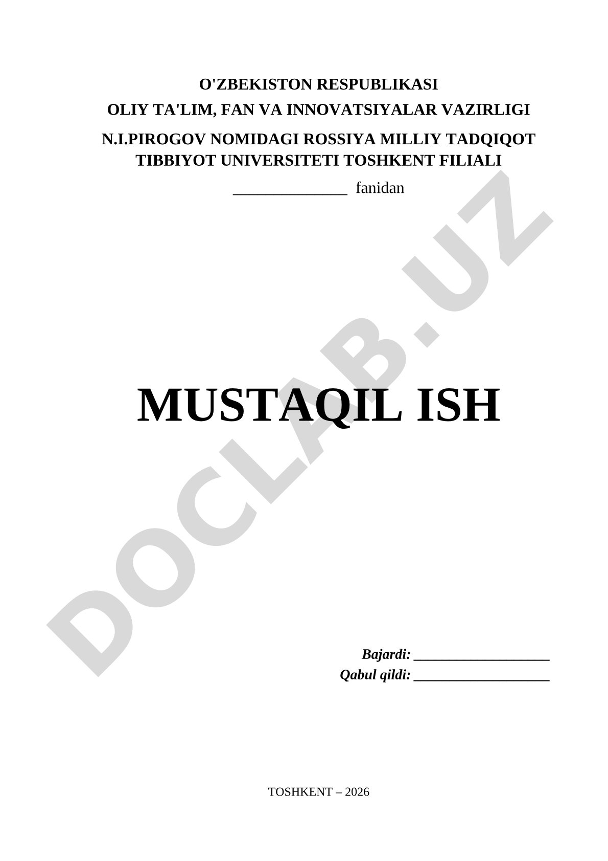 N.I.Pirogov nomidagi RNTTU Toshkent filiali mustaqil ishi