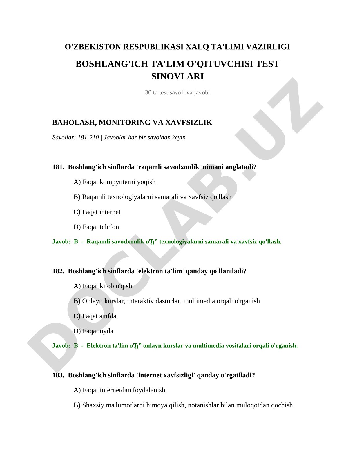 Boshlang'ich ta'lim o'qituvchisi test sinovlari 30 ta savol va javob