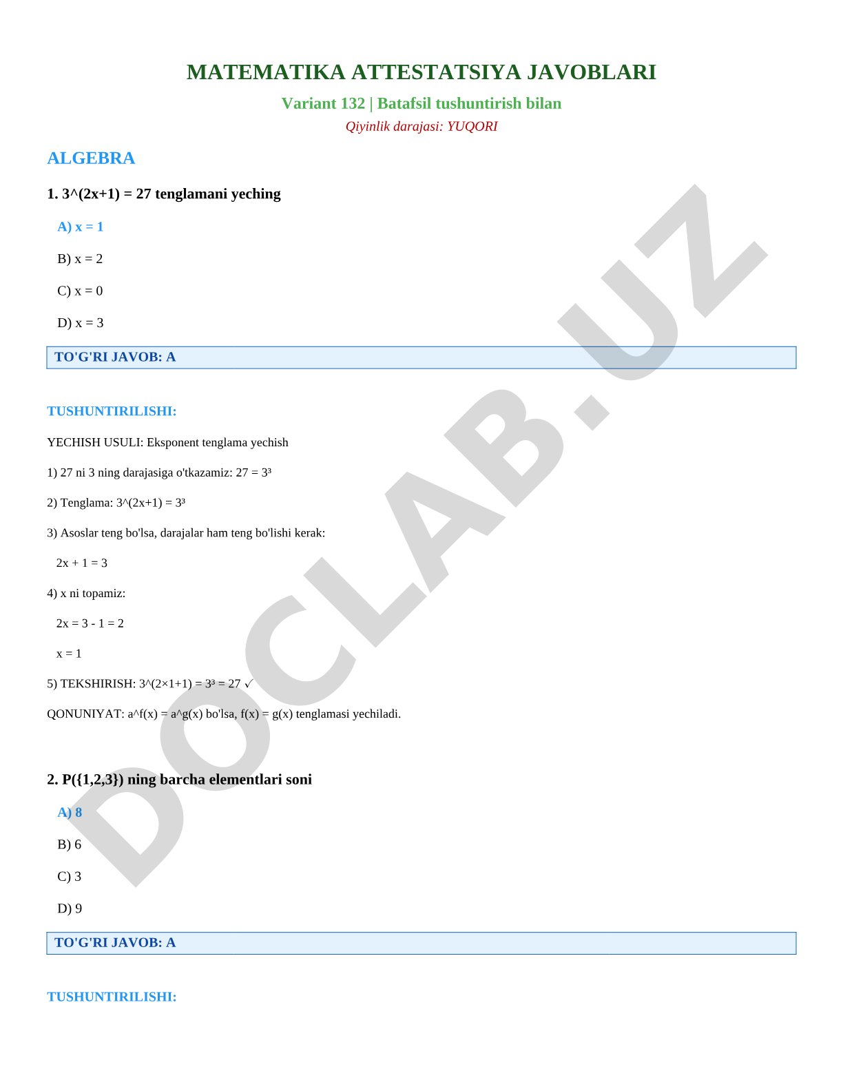 Matematika attestatsiya variant 132 algebra masalalari