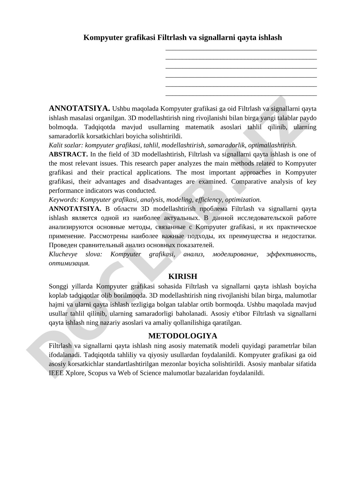 Kompyuter grafikasida filtrlash va signallarni qayta ishlash