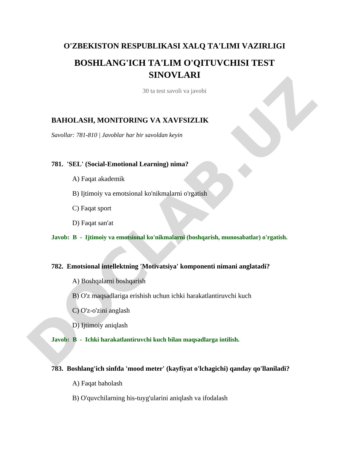 Boshlang'ich ta'lim o'qituvchisi test sinovlari (30 ta test savoli va javobi)