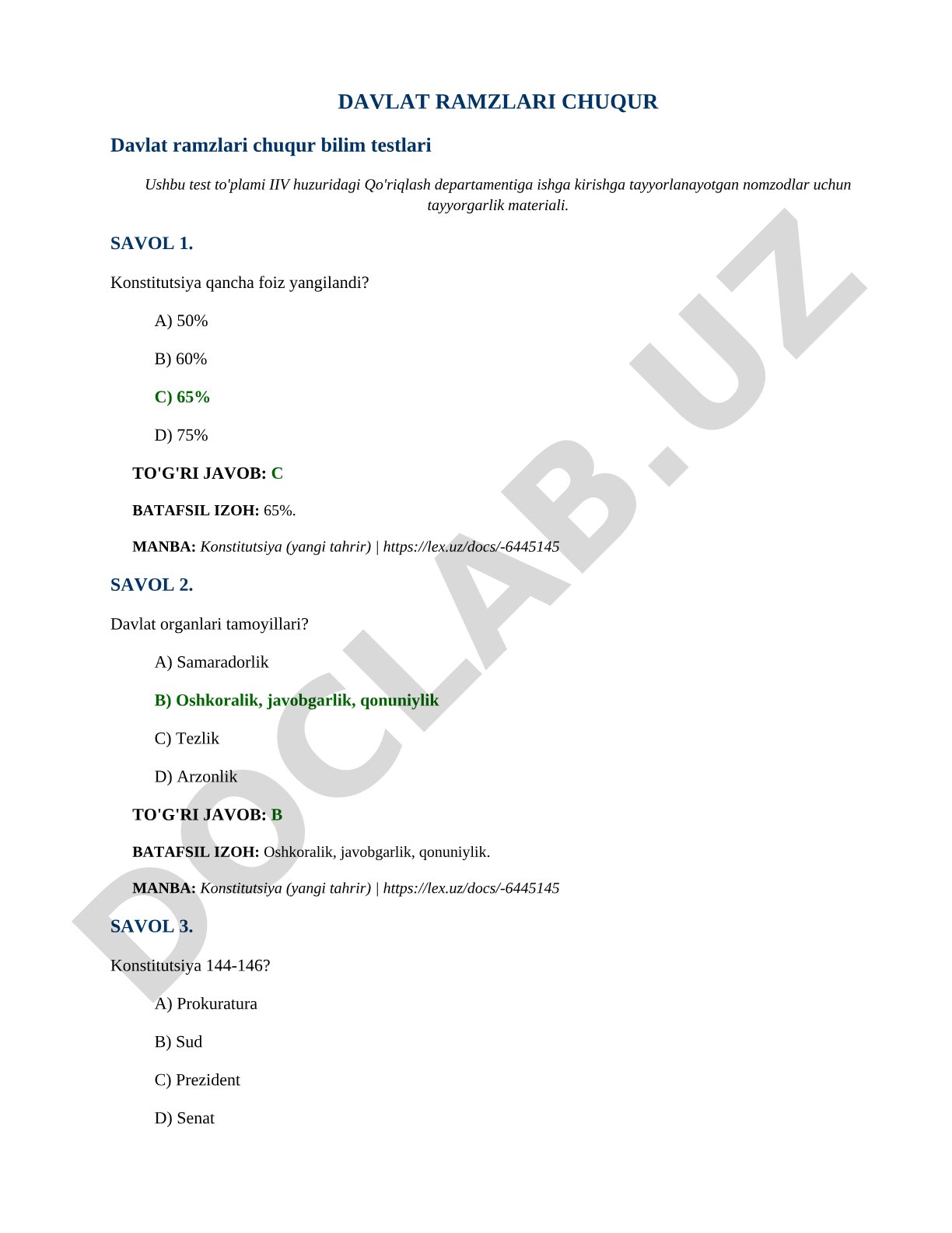 Davlat ramzlari chuqur bilim testlari