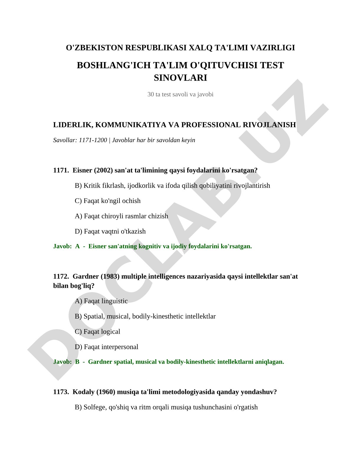 Liderlik, kommunikatiya va professional rivojlanish bo'yicha test savollari