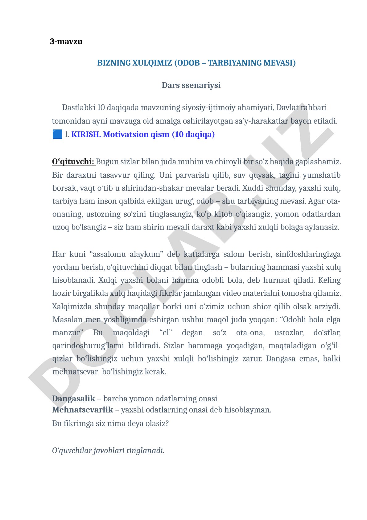 Bizning xulqimiz (odob – tarbiyaning mevasi) dars ssenariysi