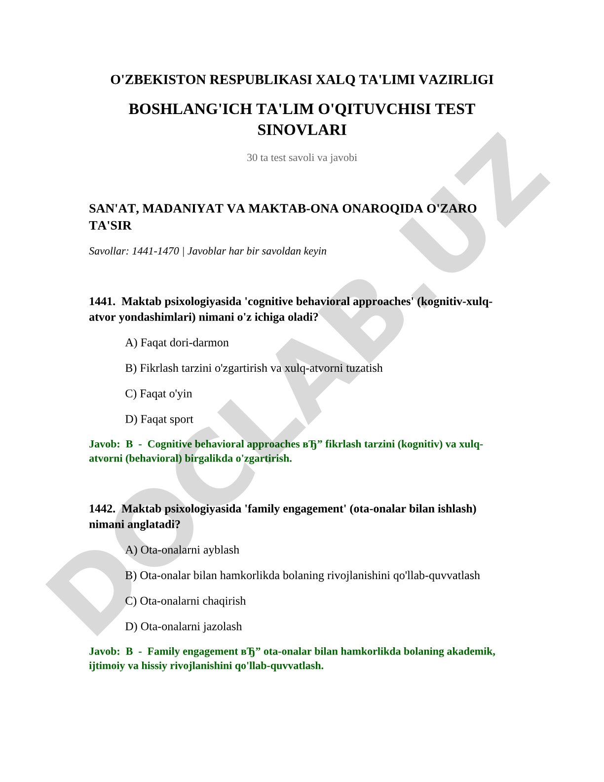 Boshlang'ich ta'lim o'qituvchisi test sinovlari: San'at, madaniyat va maktab-ona onaroqida o'zaro ta'sir