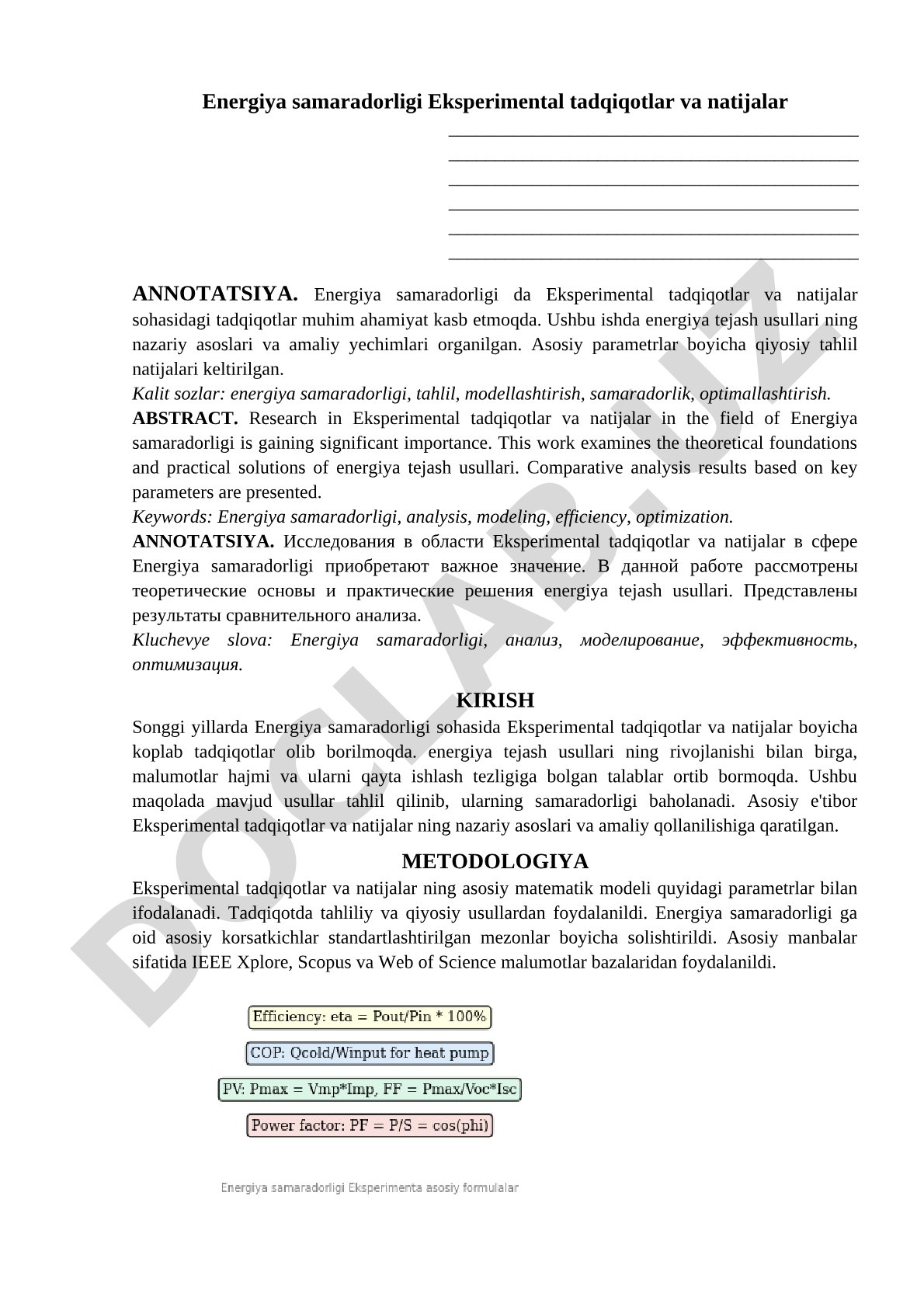 Energiya samaradorligi Eksperimental tadqiqotlar va natijalar