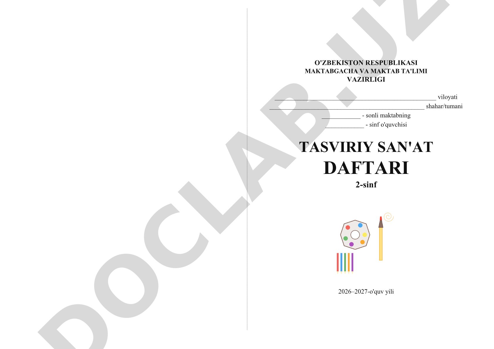 Tasviriy san'at daftari 2-sinf 2026–2027-o'quv yili