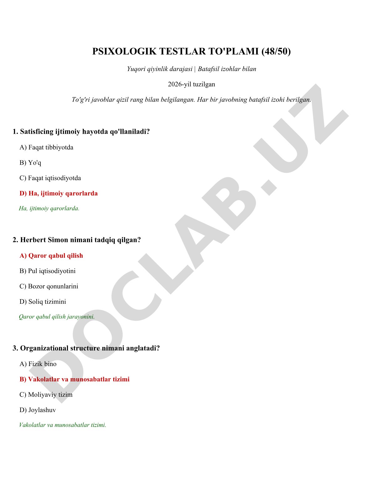 Psixologik testlar to'plami (yuqori qiyinlik darajasi)