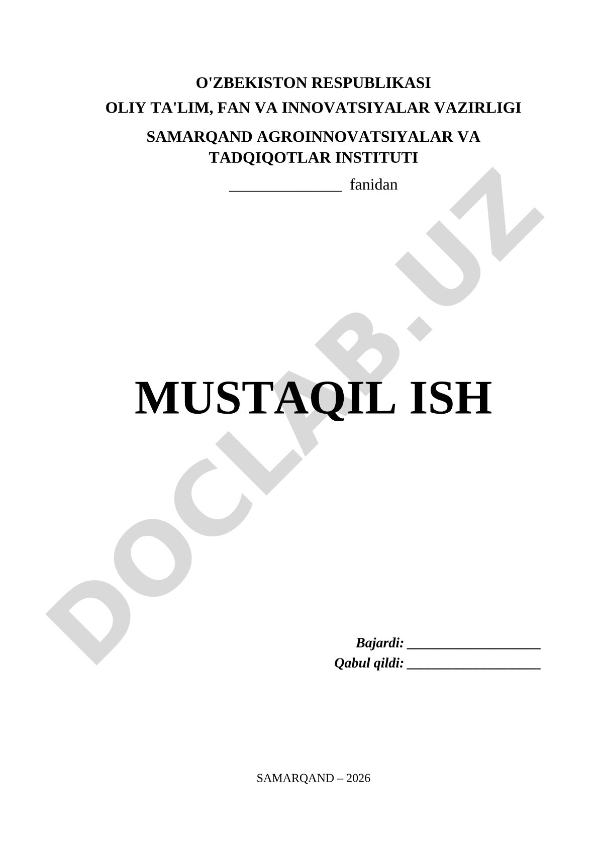 Samarqand Agroinnovatsiyalar va Tadqiqotlar Instituti mustaqil ishi uchun sarlavha sahifasi