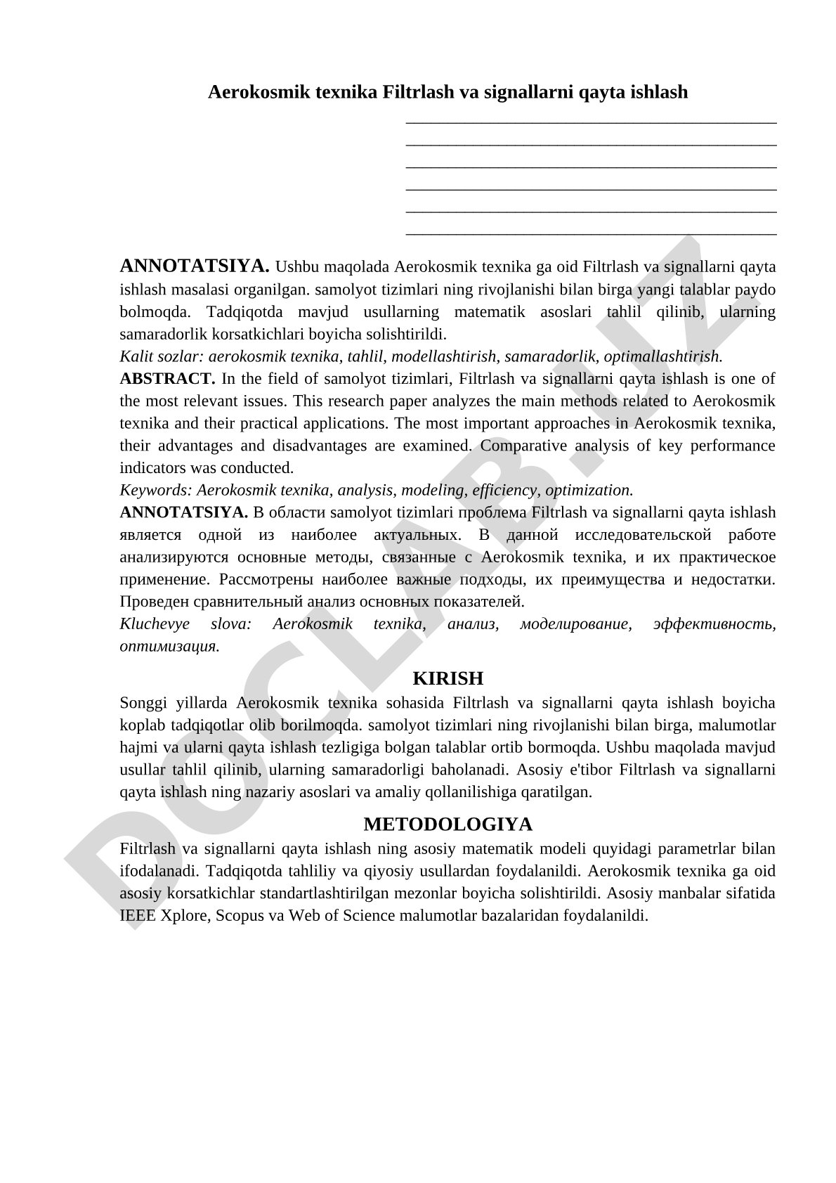 Aerokosmik texnikada filtrlash va signallarni qayta ishlash
