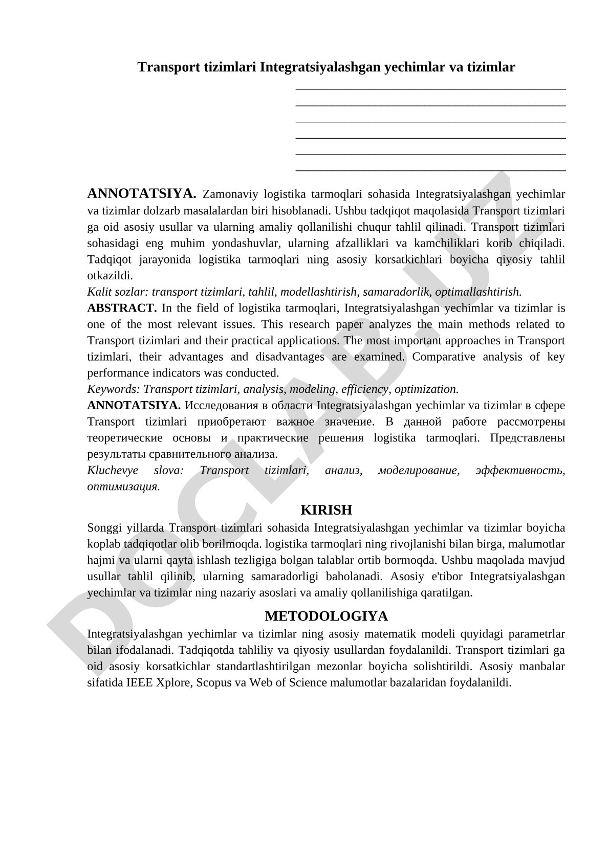 Transport tizimlari Integratsiyalashgan yechimlar va tizimlar