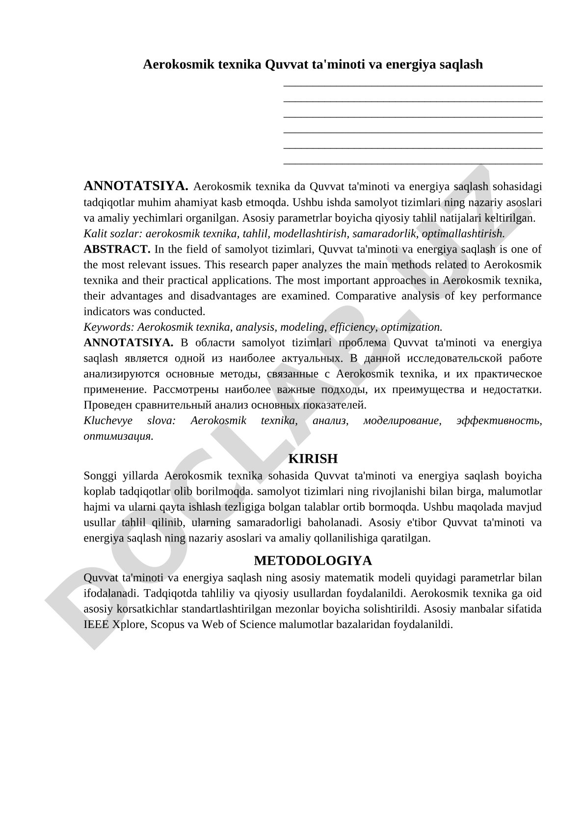Aerokosmik texnikada quvvat ta'minoti va energiya saqlash tadqiqotlari