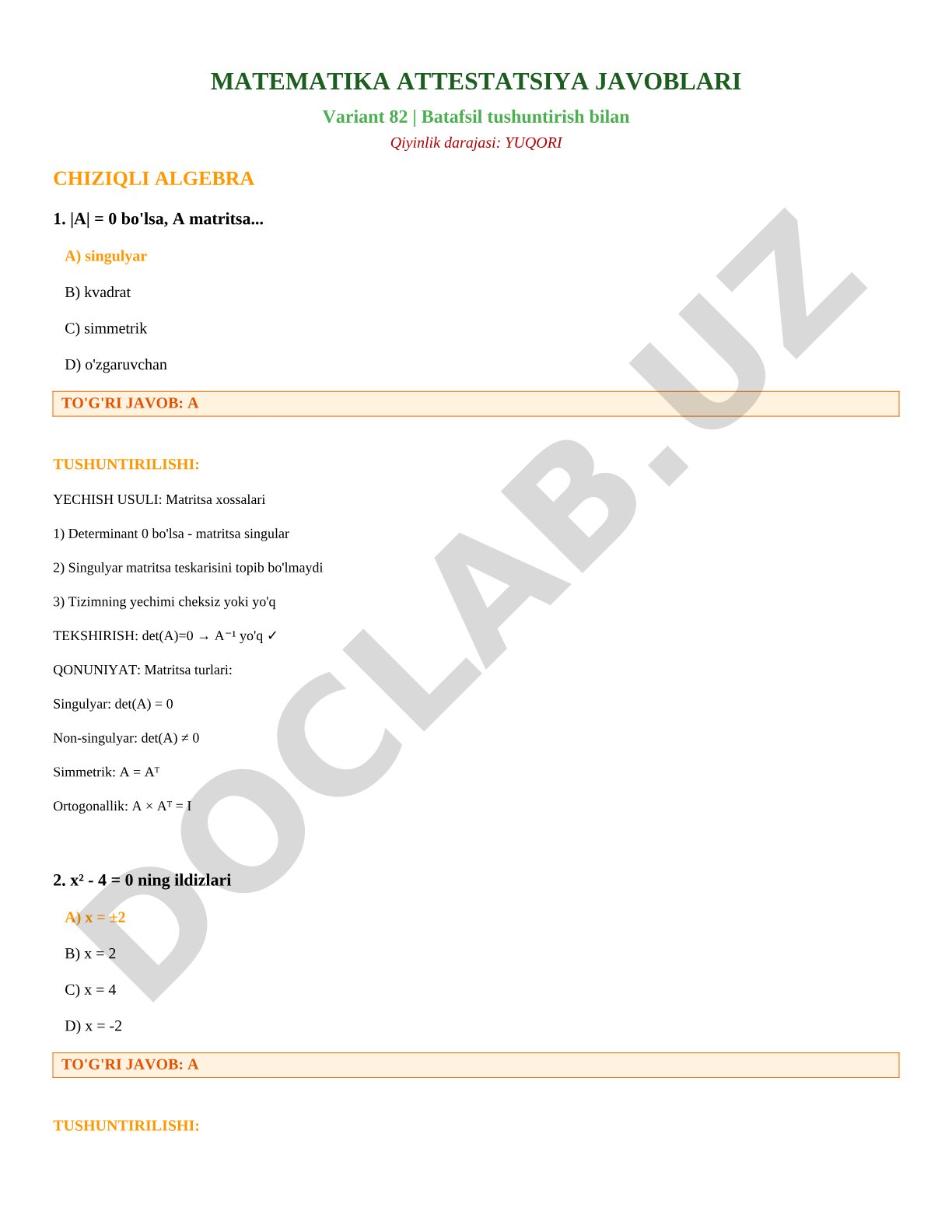 Matematika attestatsiya javoblari Variant 82