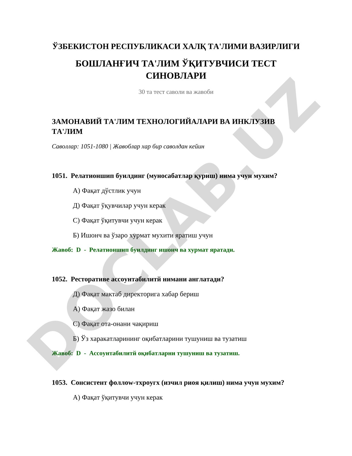 Boshlang'ich ta'lim o'qituvchisi test sinovlari (30 ta test savoli va javobi)