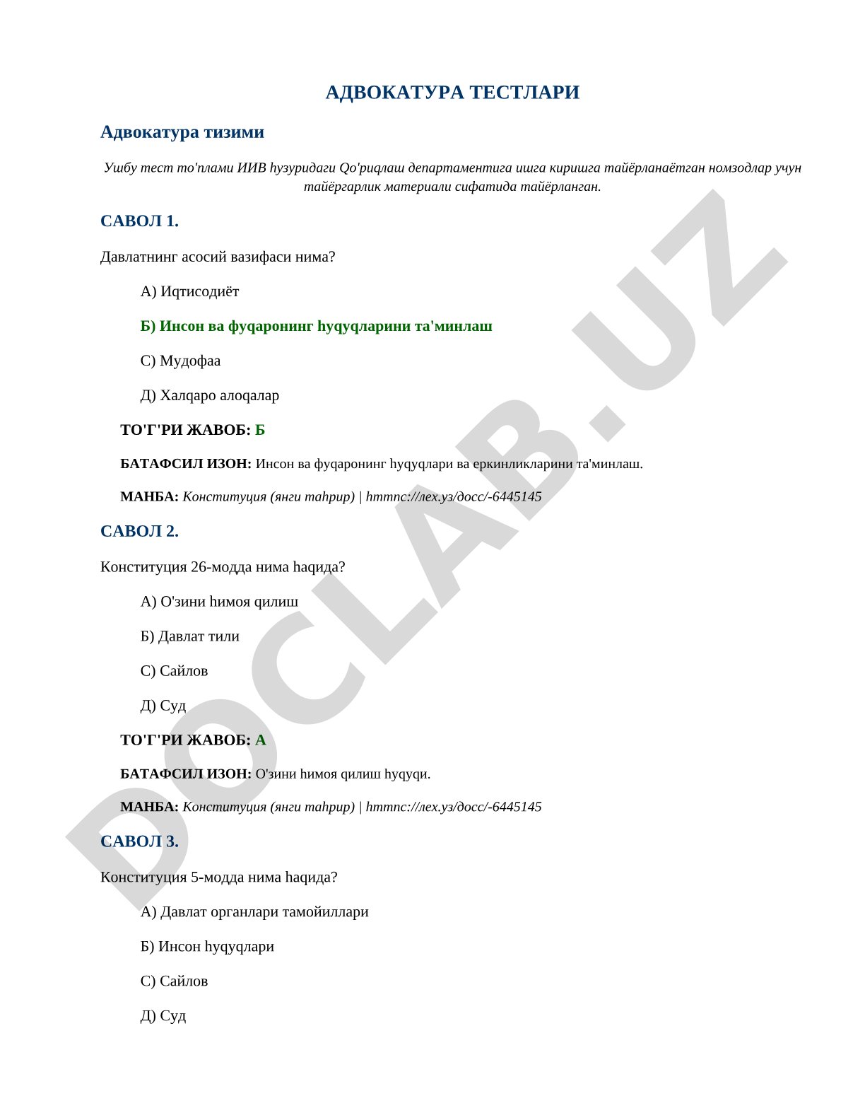 Advokatura testlari