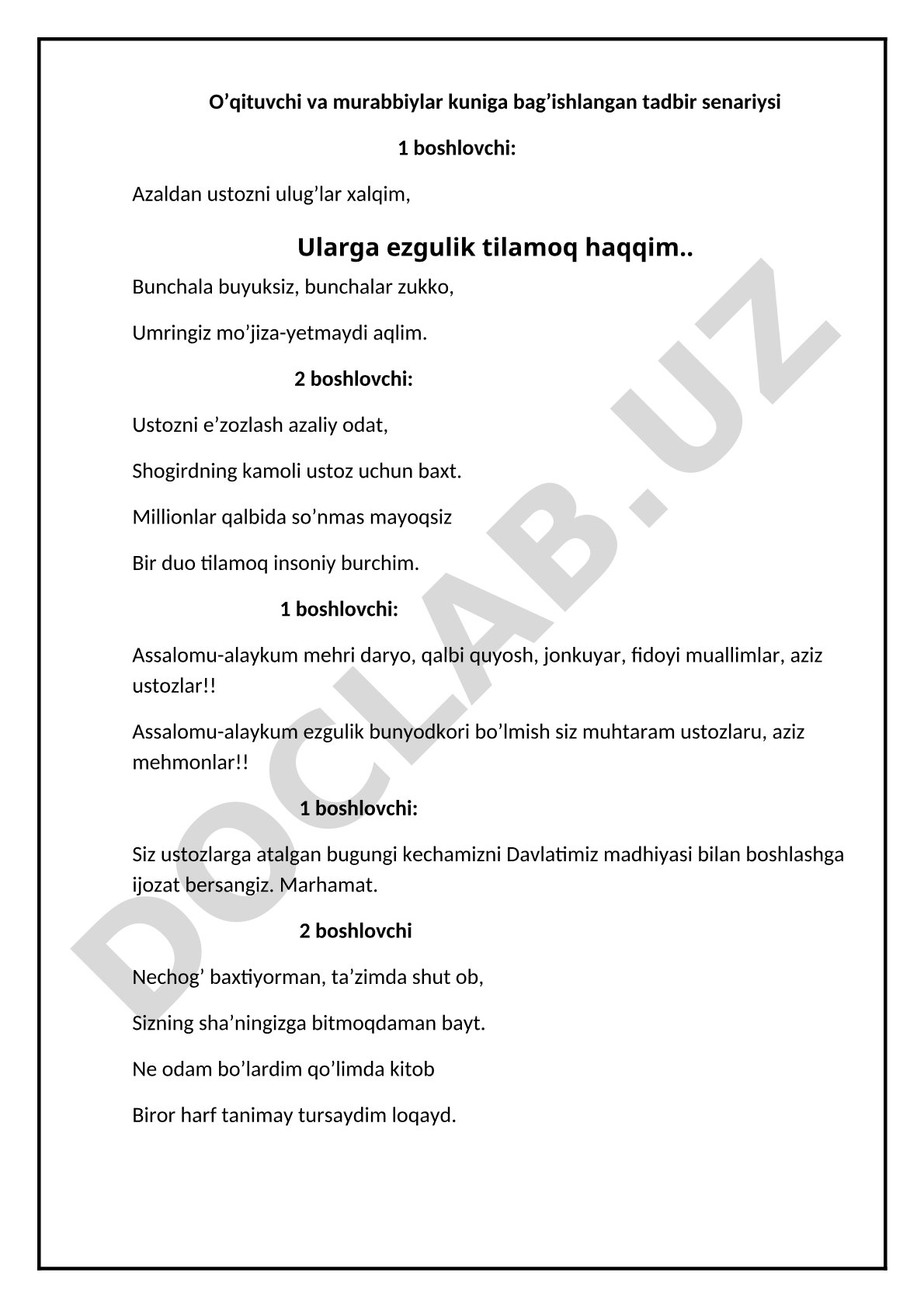 O'qituvchi va murabbiylar kuni tadbir senariysi