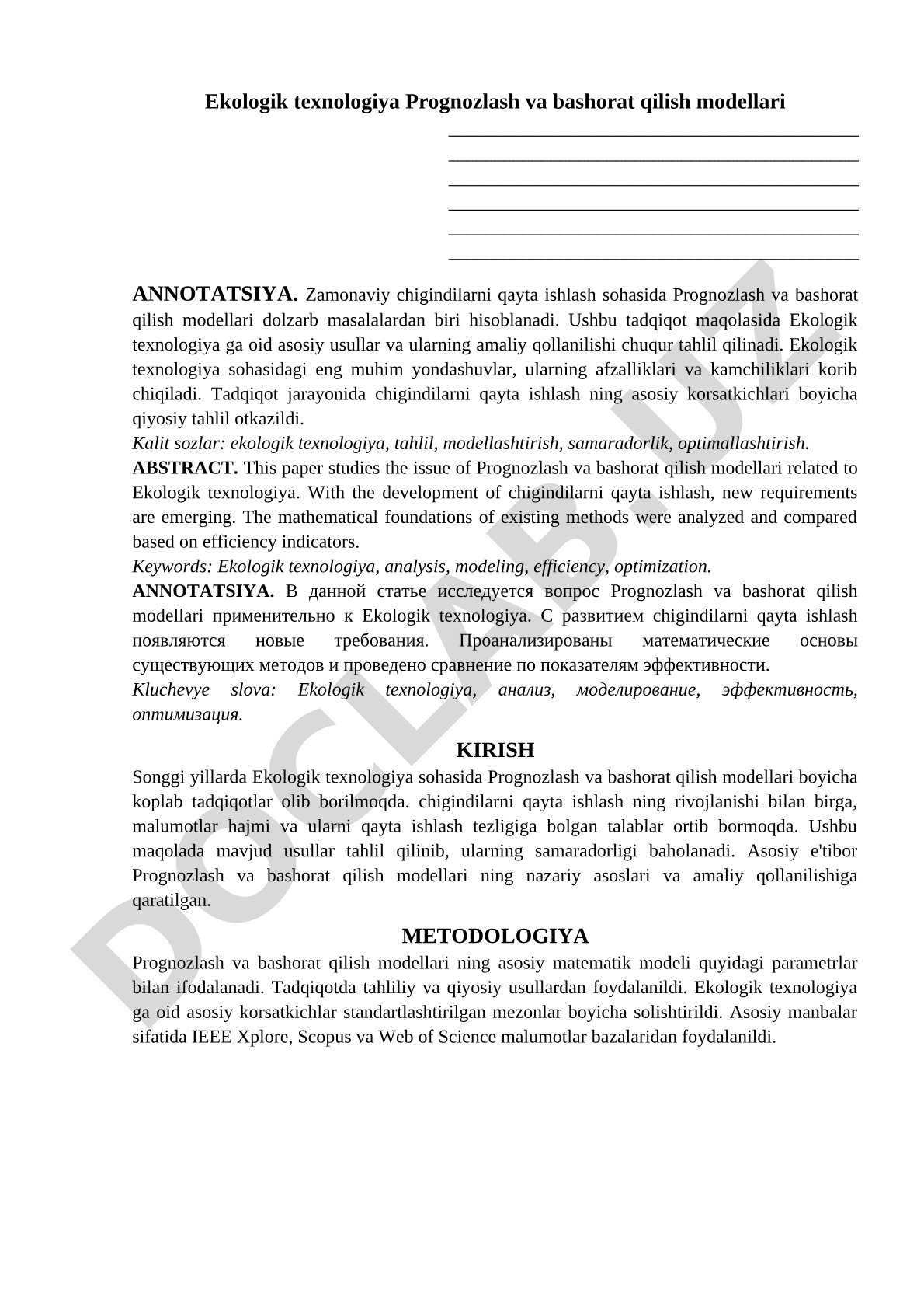 Ekologik texnologiya sohasida prognozlash va bashorat qilish modellari