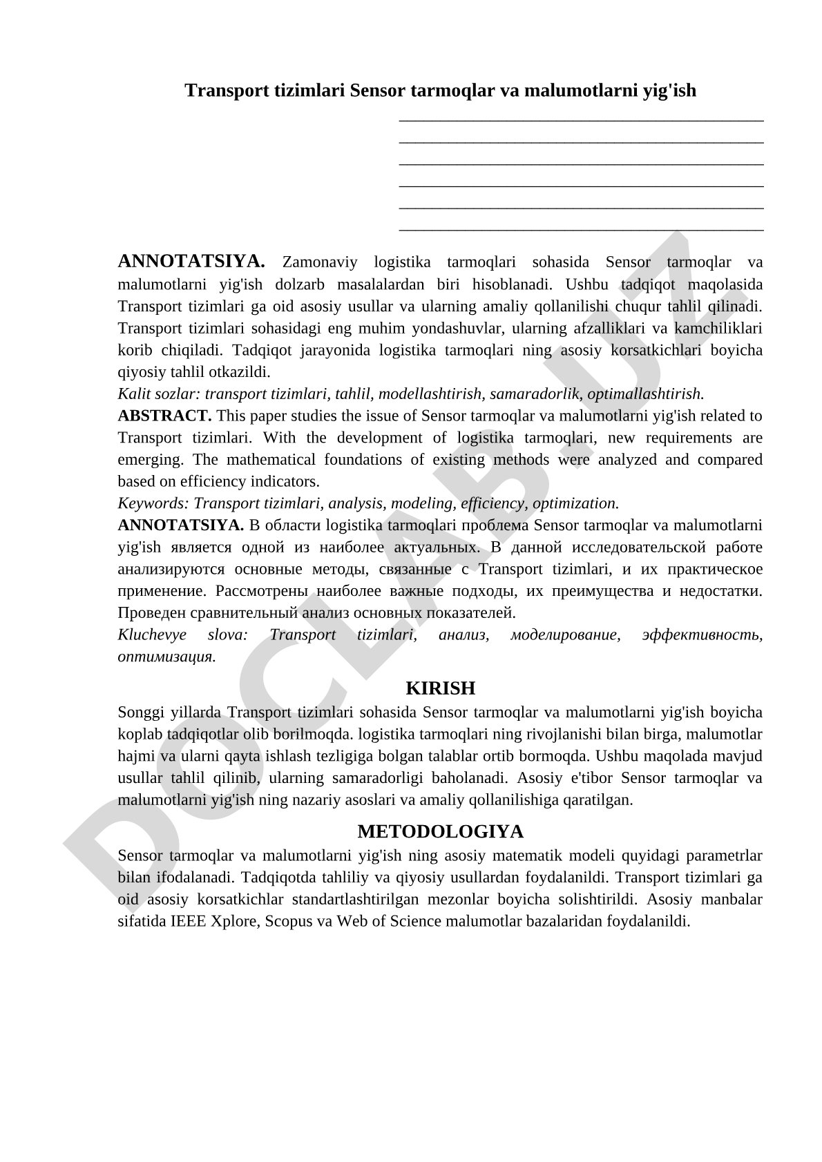 Transport tizimlari sensor tarmoqlar va ma'lumotlarni yig'ish