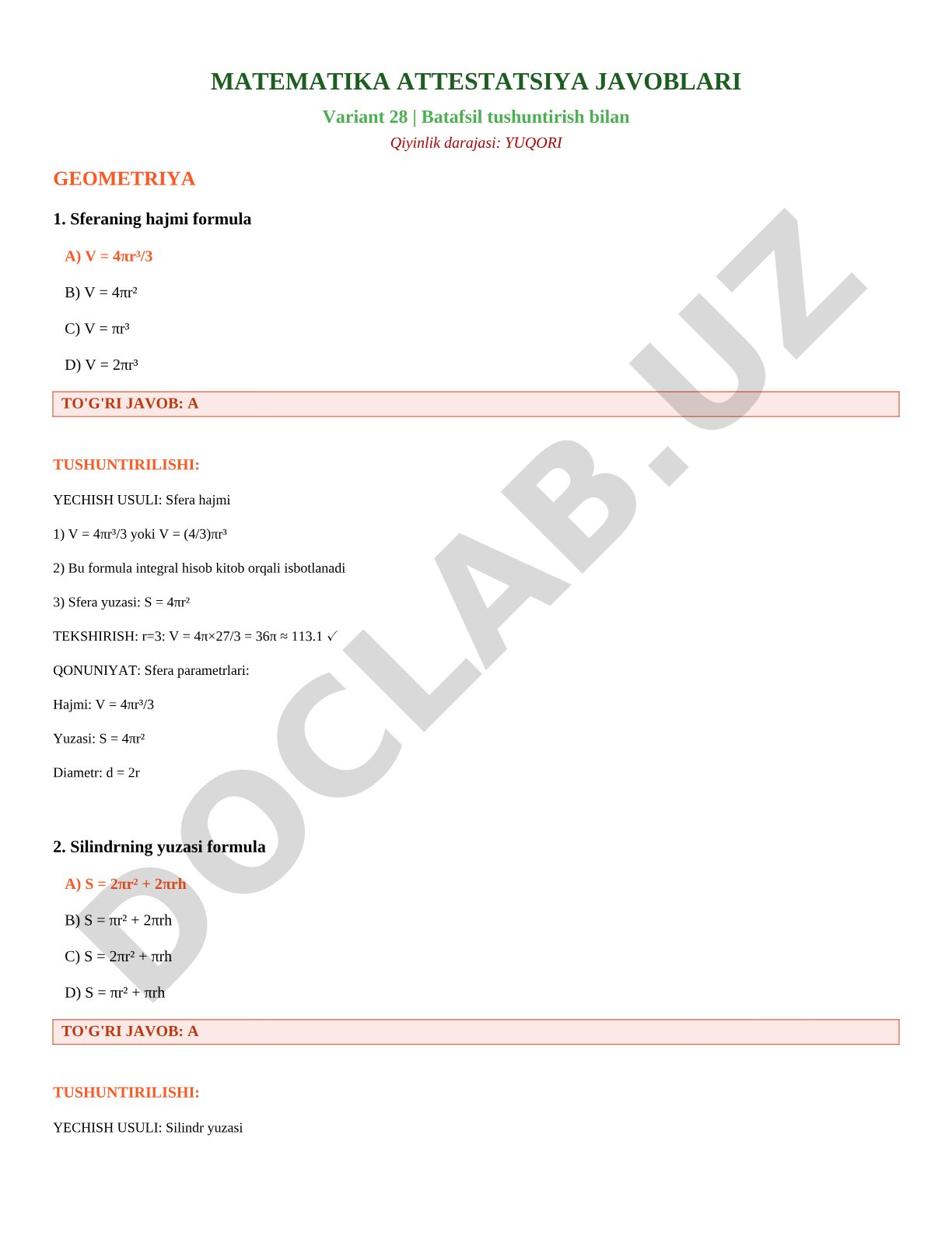 Matematika attestatsiya javoblari 28-variant