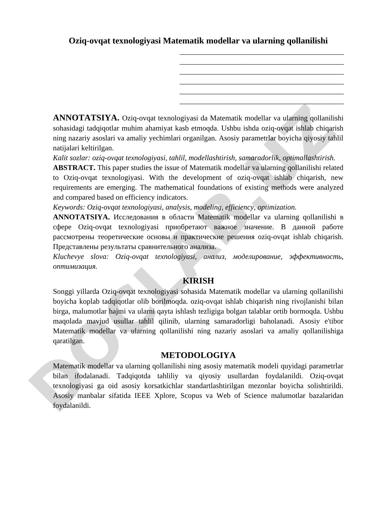 Oziq-ovqat texnologiyasi Matematik modellar va ularning qollanilishi