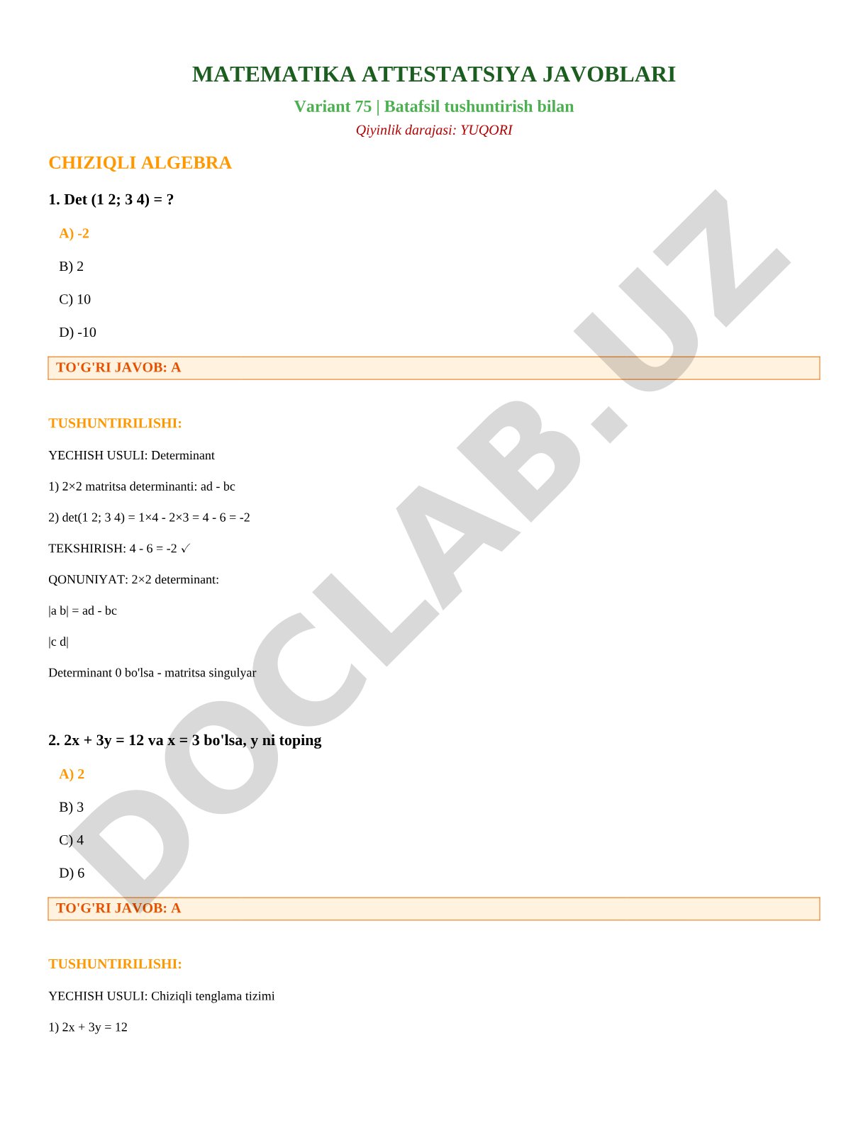 Matematika attestatsiya javoblari Variant 75