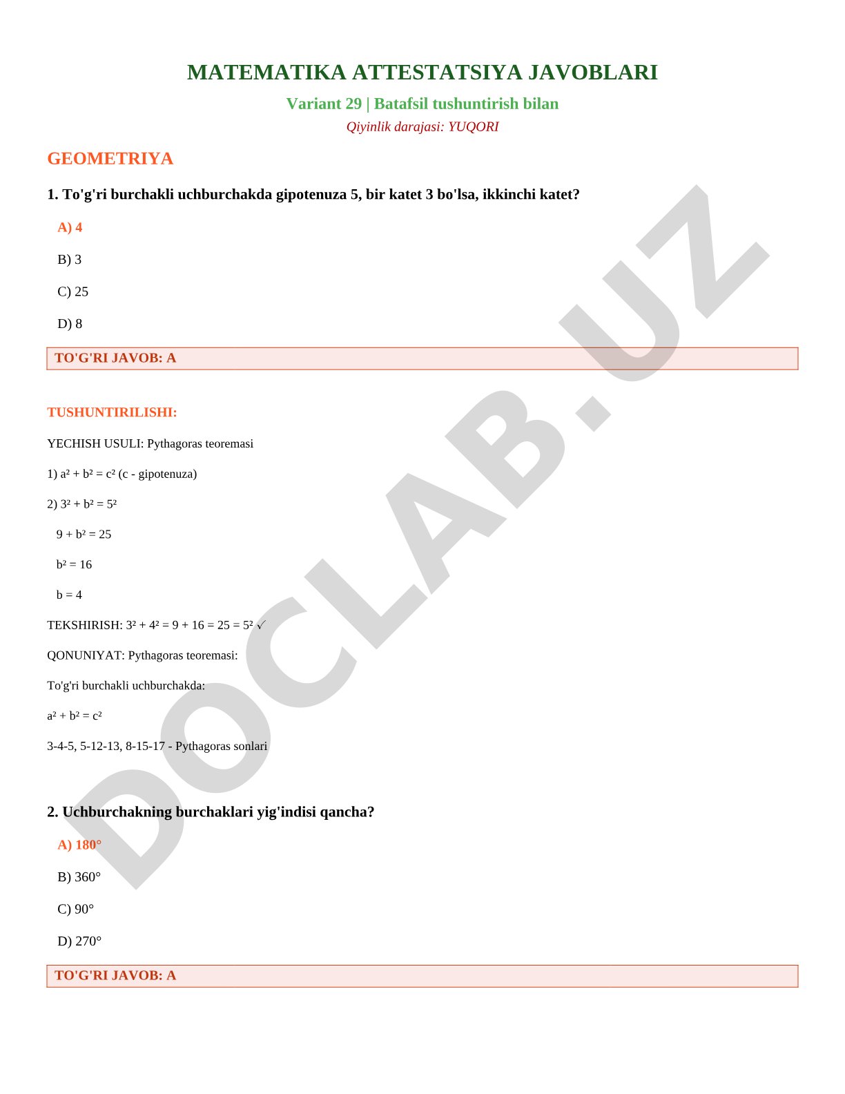 Matematika attestatsiya javoblari Variant 29