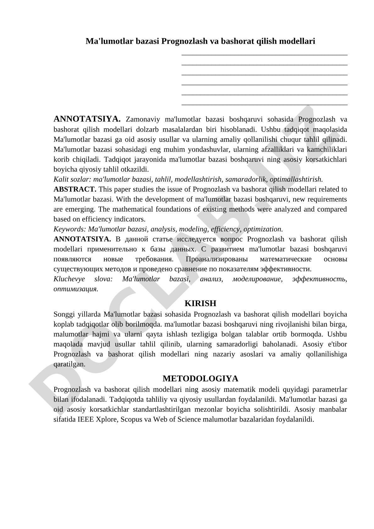 Ma'lumotlar bazasi Prognozlash va bashorat qilish modellari