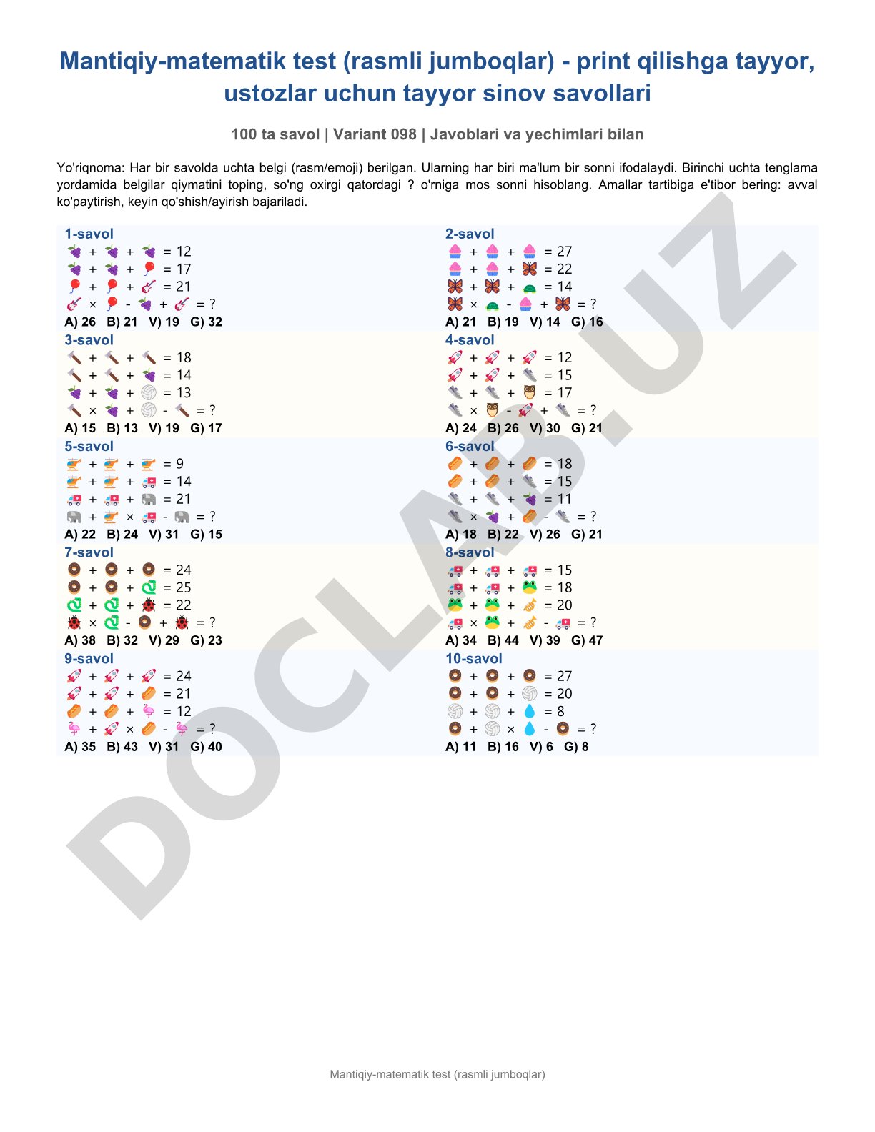 Mantiqiy-matematik test (rasmli jumboqlar)