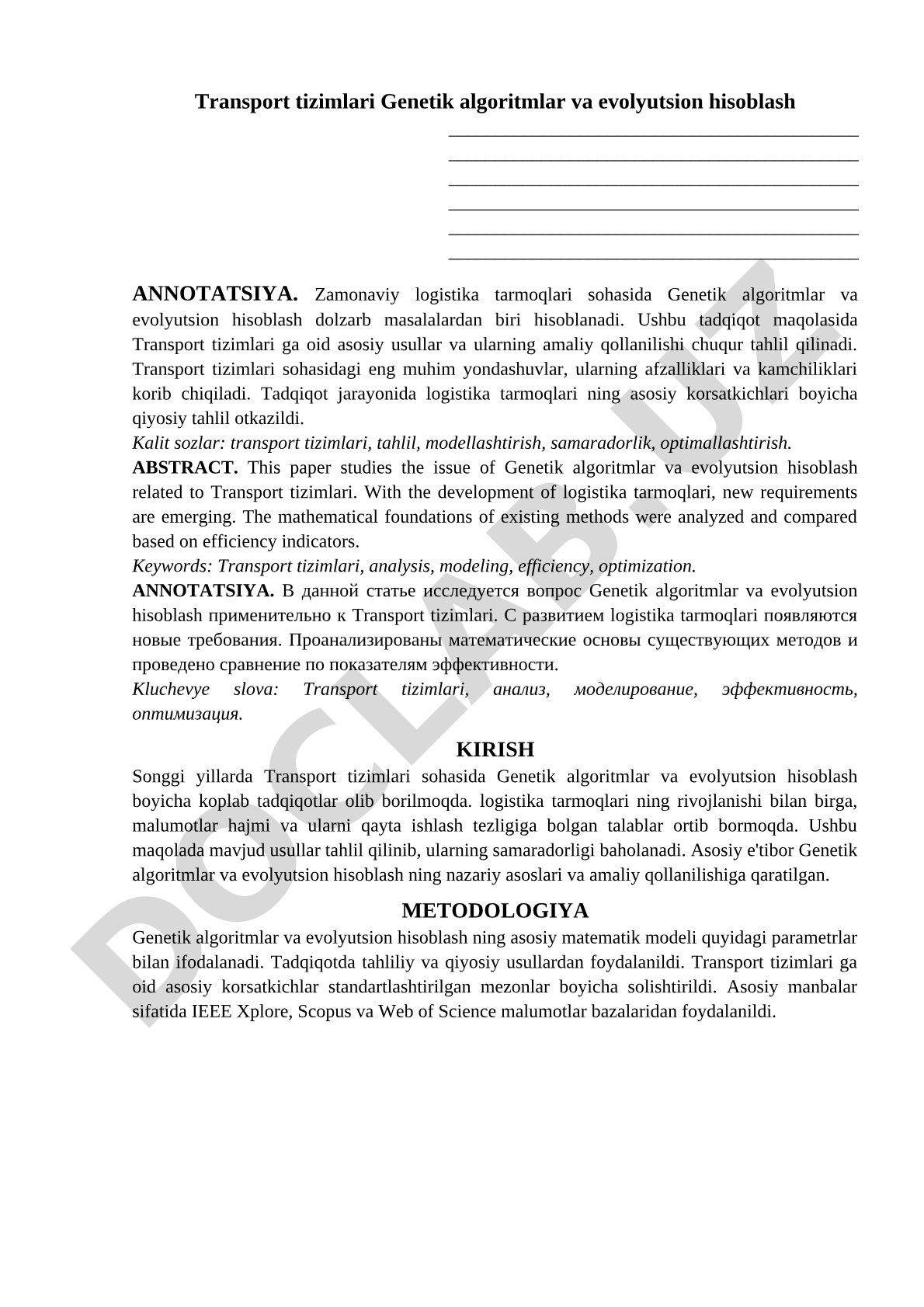 Transport tizimlari Genetik algoritmlar va evolyutsion hisoblash