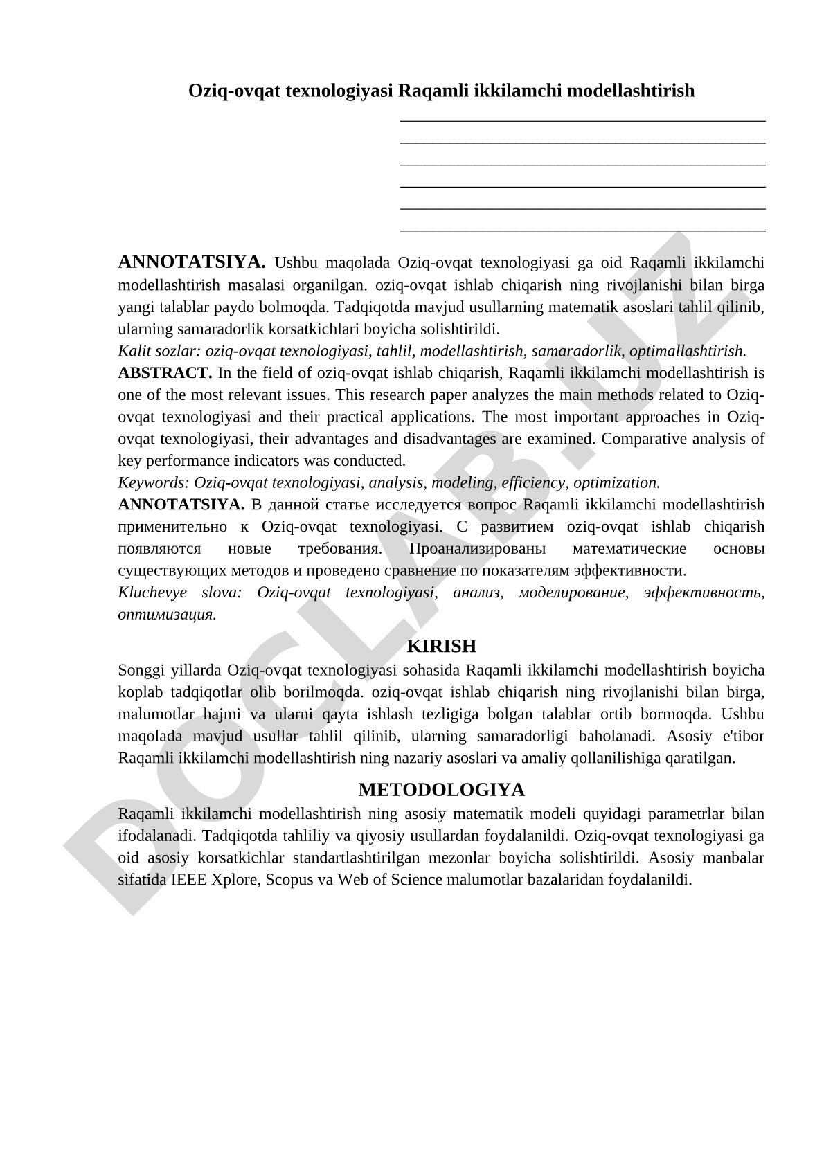 Oziq-ovqat texnologiyasi Raqamli ikkilamchi modellashtirish