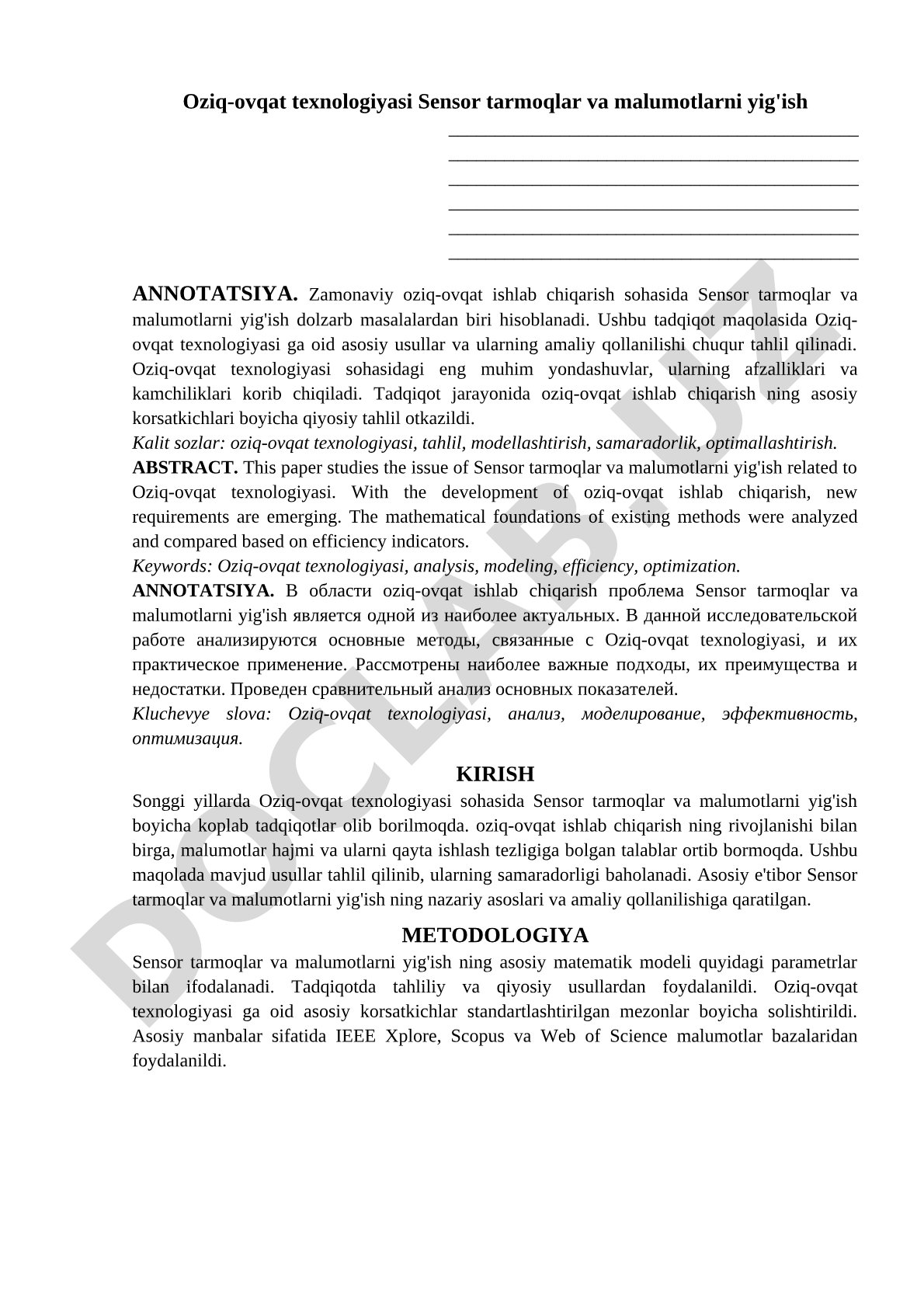 Oziq-ovqat texnologiyasi Sensor tarmoqlar va malumotlarni yig'ish