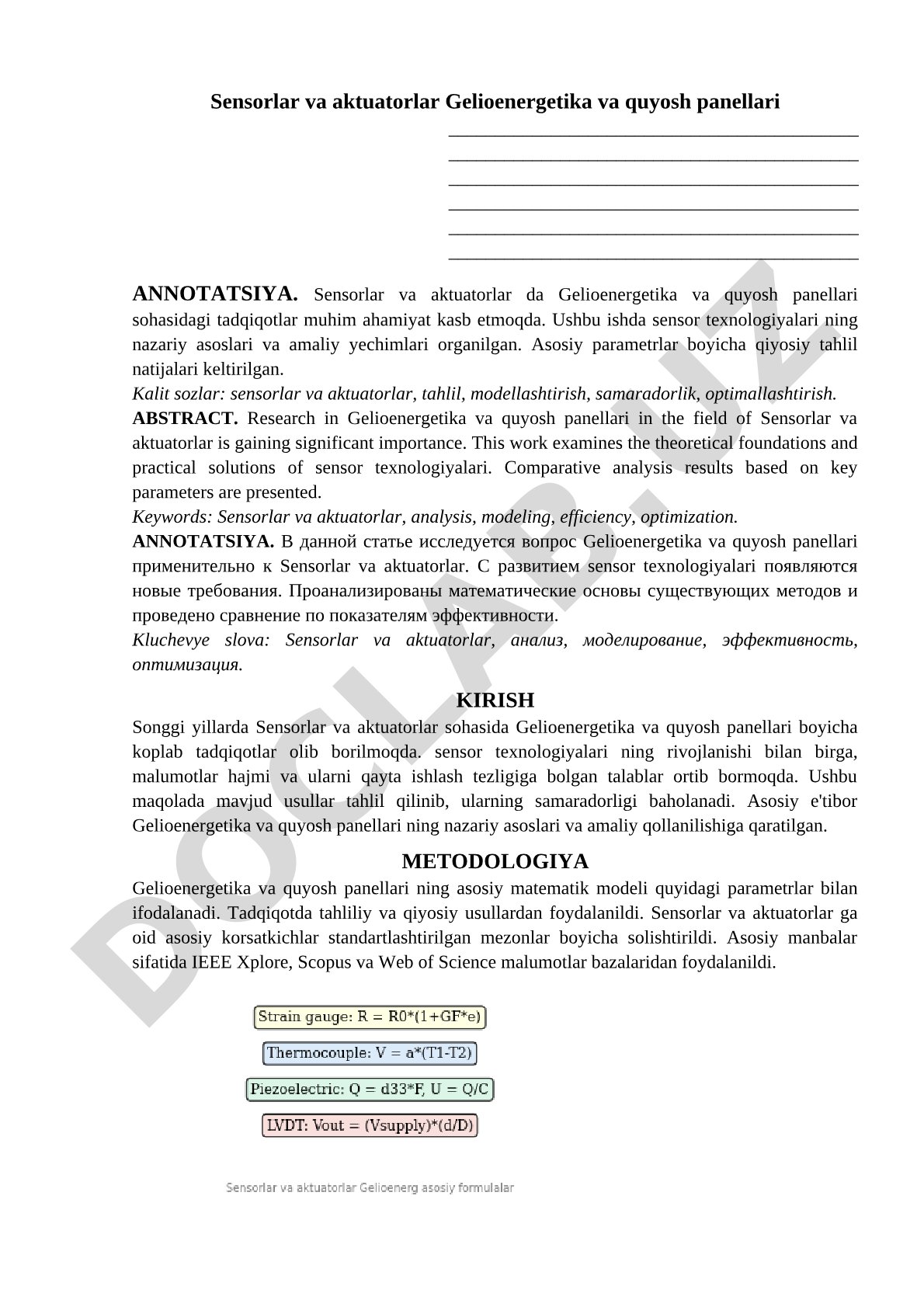 Gelioenergetika va quyosh panellari sensorlari va aktuatorlari