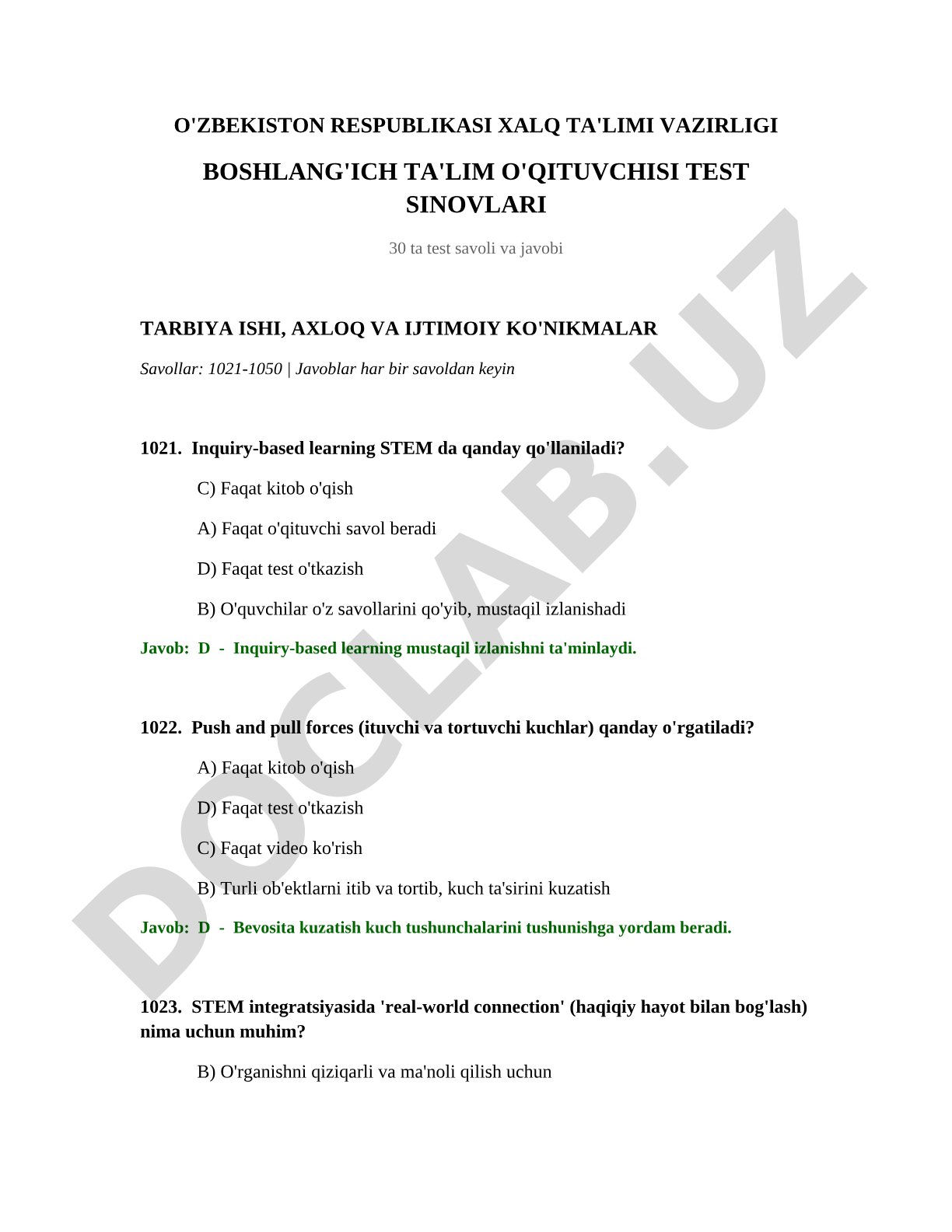 Boshlang'ich ta'lim o'qituvchisi test sinovlari: Tarbiya ishi, axloq va ijtimoiy ko'nikmalar