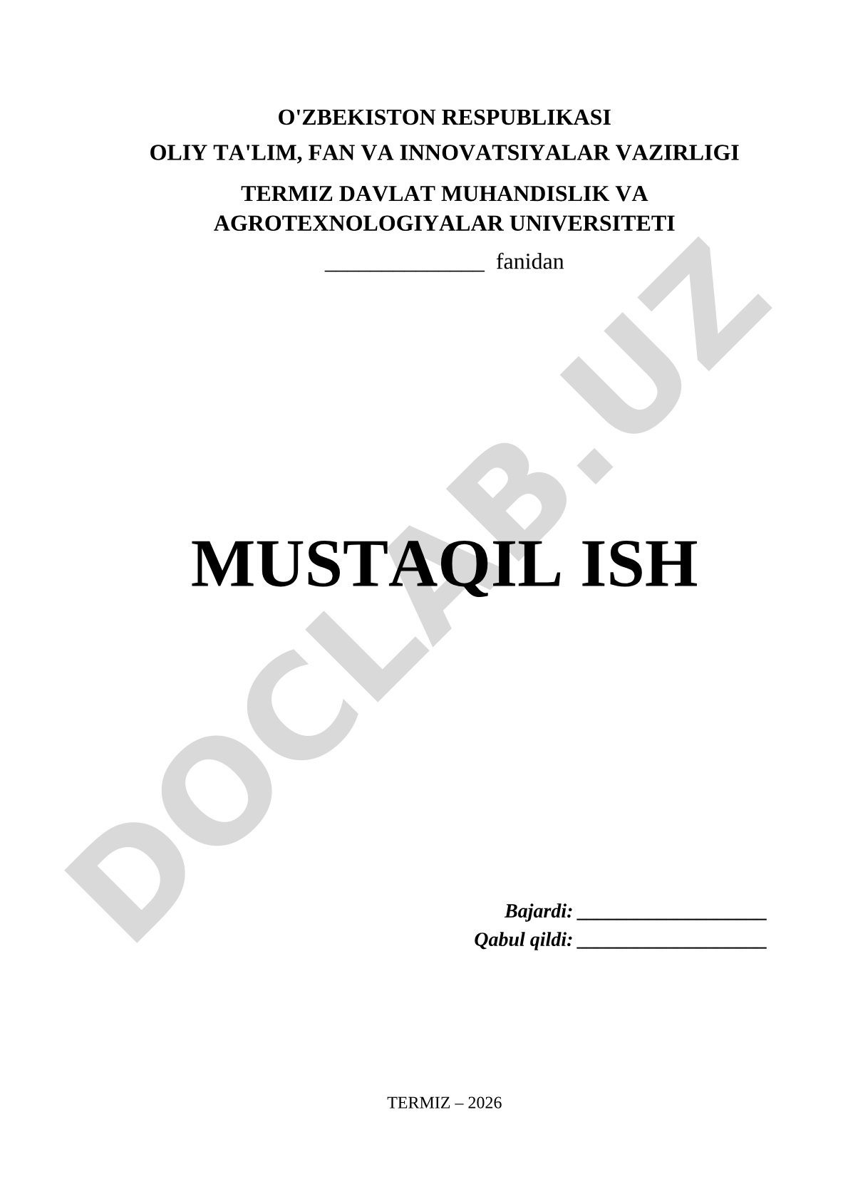 Termiz davlat muhandislik va agrotexnologiyalar universiteti mustaqil ishi