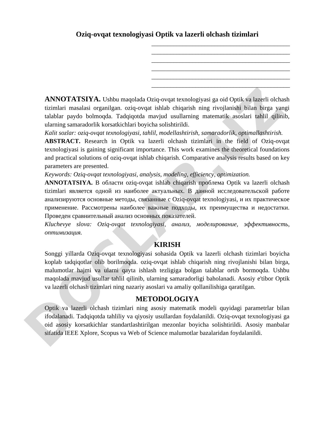 Oziq-ovqat texnologiyasi Optik va lazerli o'lchash tizimlari