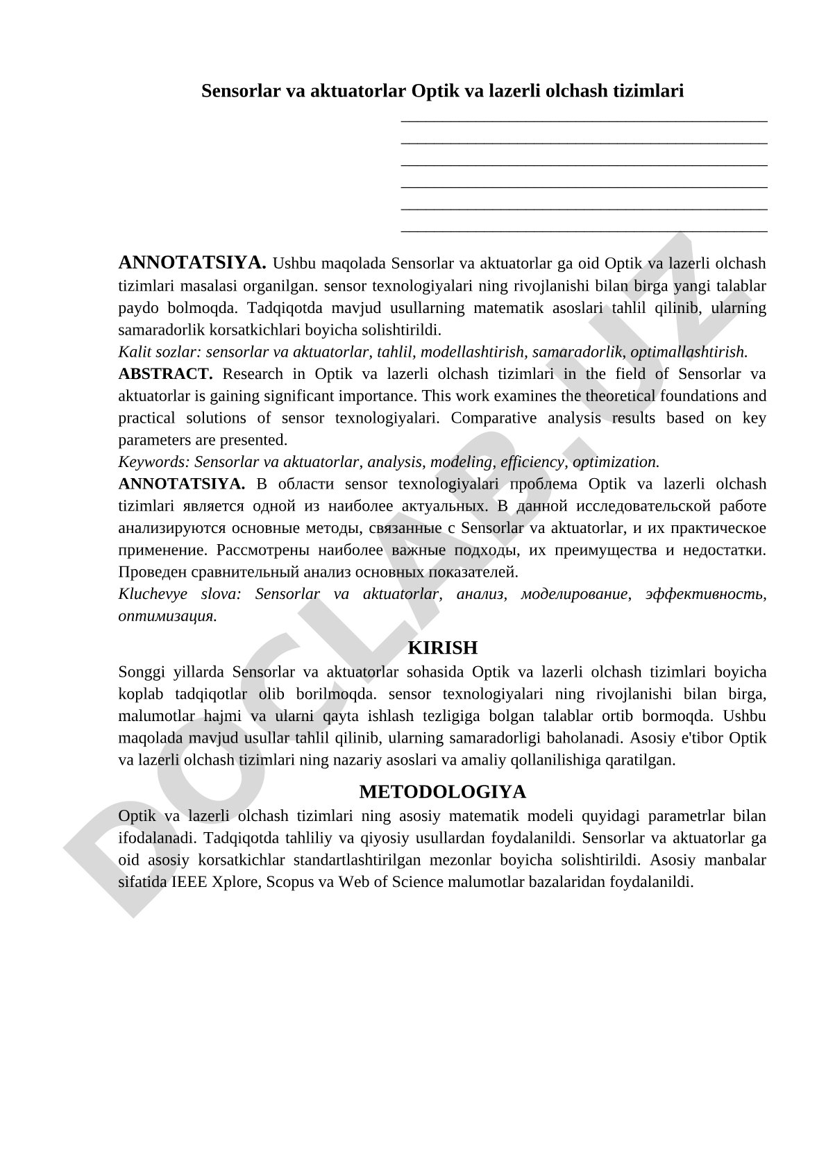 Sensorlar va aktuatorlar Optik va lazerli olchash tizimlari