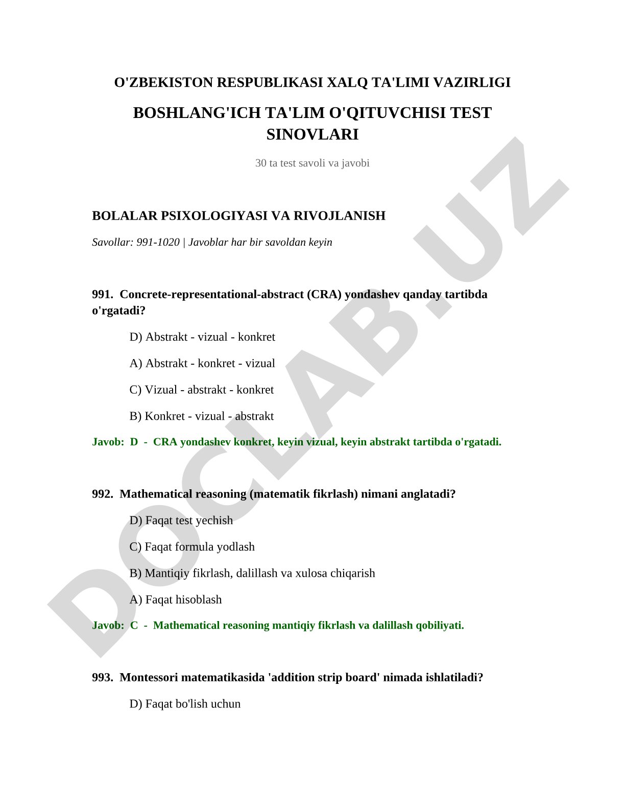 Bolalar psixologiyasi va rivojlanish test savollari