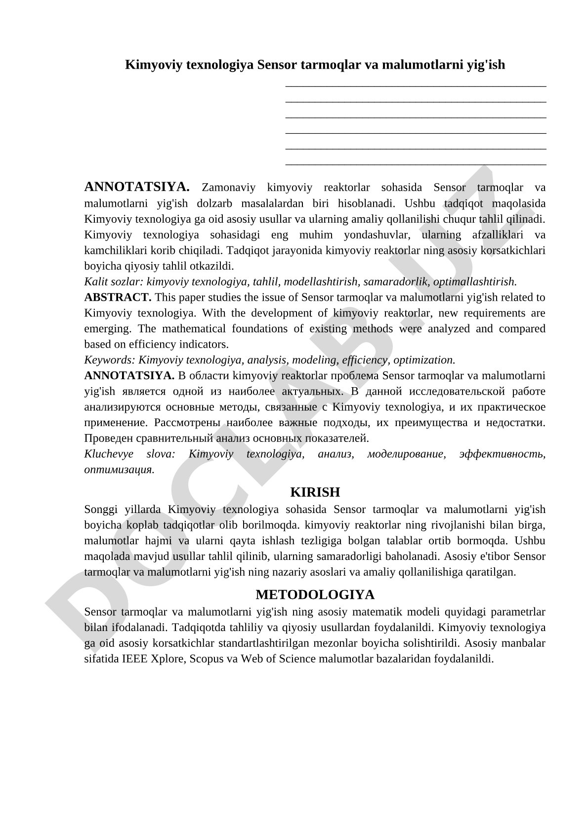 Kimyoviy texnologiya Sensor tarmoqlar va malumotlarni yig'ish